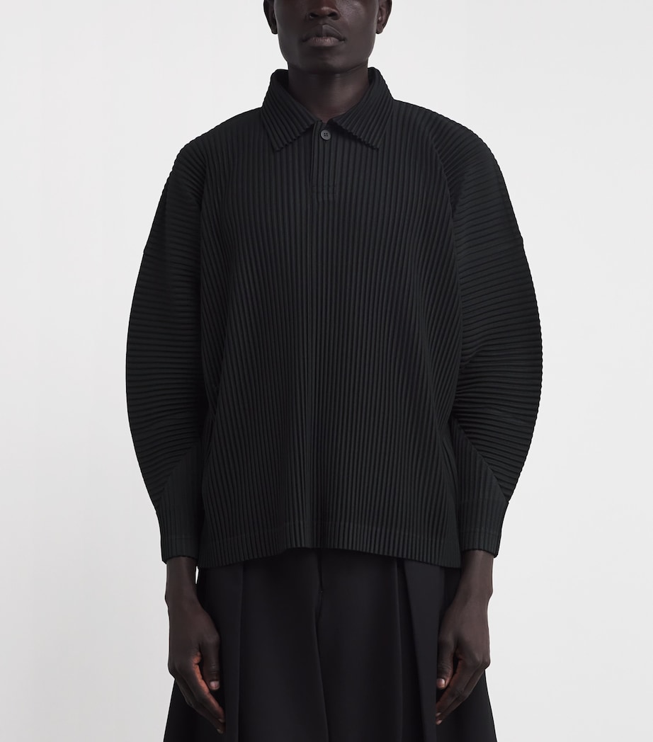 Pleated Long-Sleeve Polo Shirt 15-BLACK Image 3