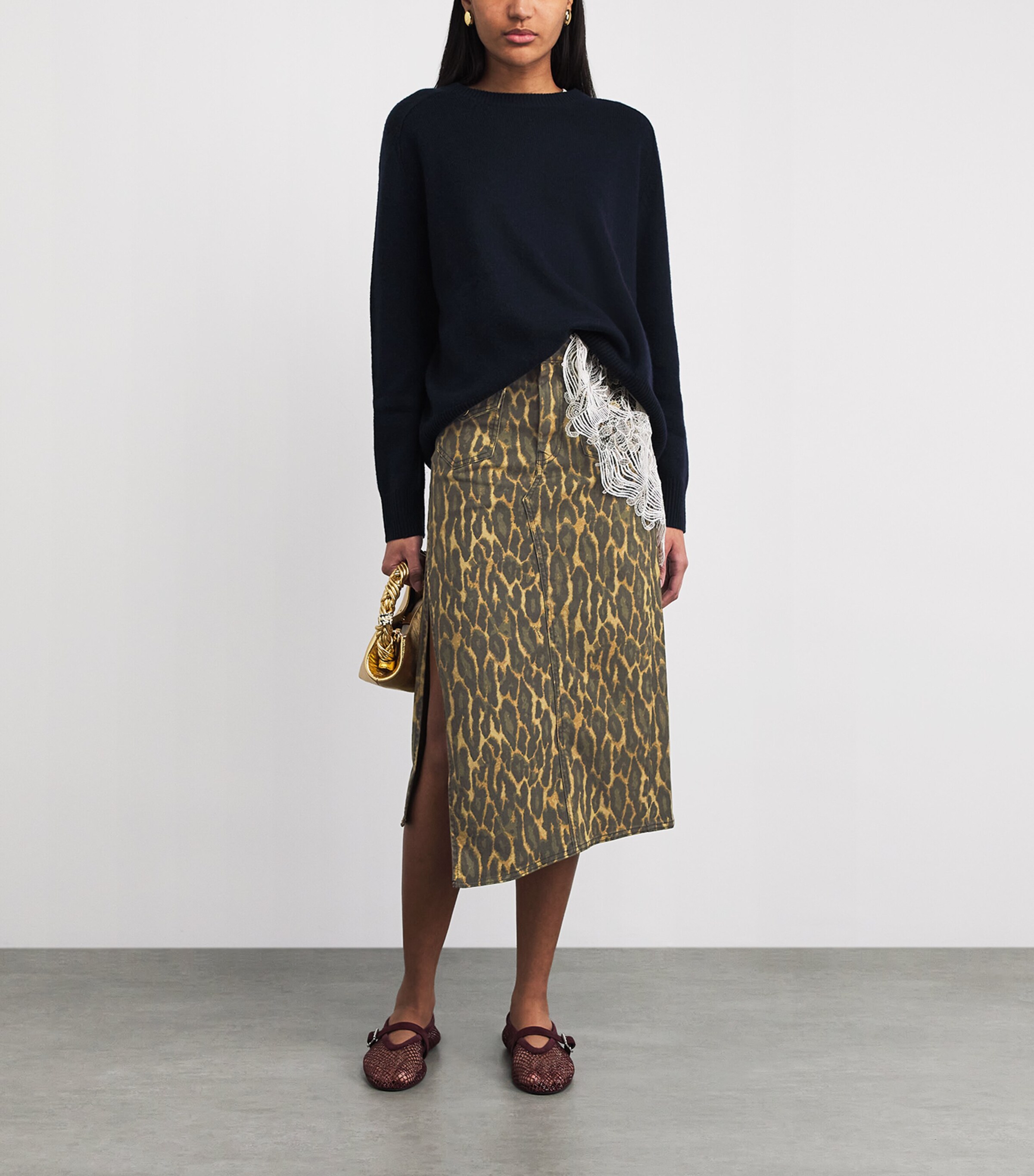 GANNI Womens Leopard Denim Midi Skirt Khaki Image 2