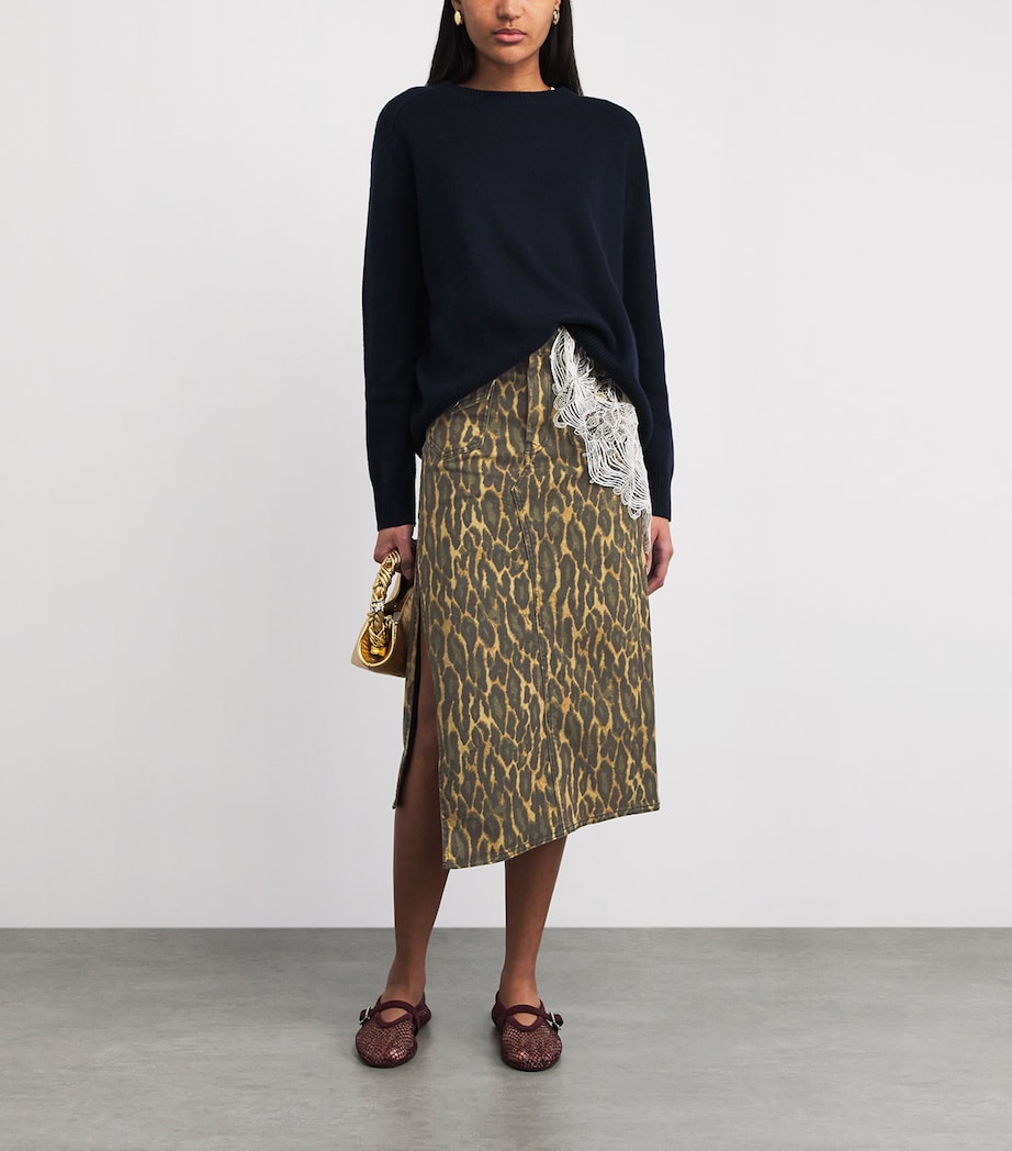 GANNI Womens Leopard Denim Midi Skirt Khaki Image 2