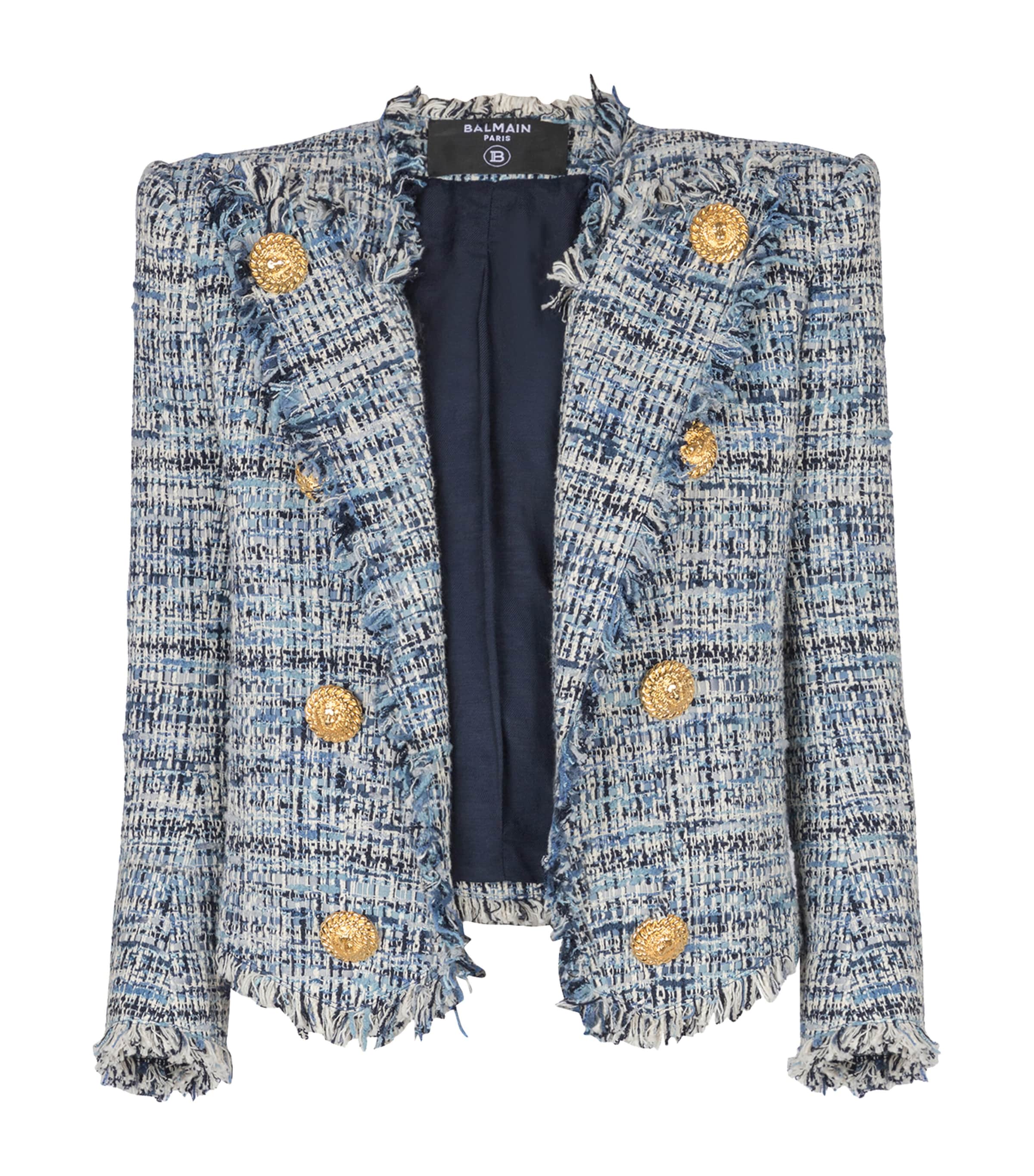 Balmain Spencer Button-embellished Frayed Cotton-blend Tweed Blazer In Blue