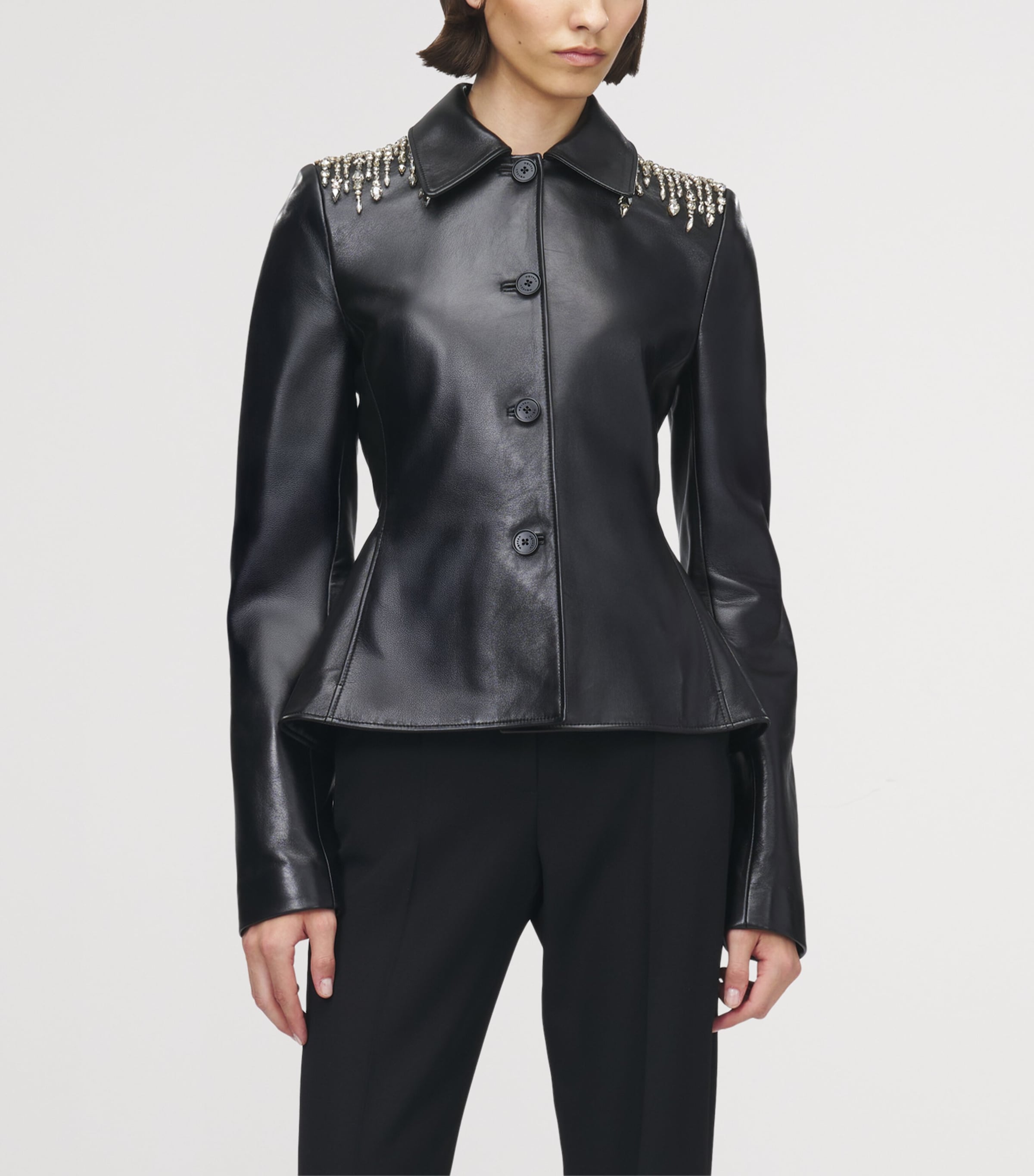 McQueen Womens Leather Embellished Peplum Jacket Image 2
