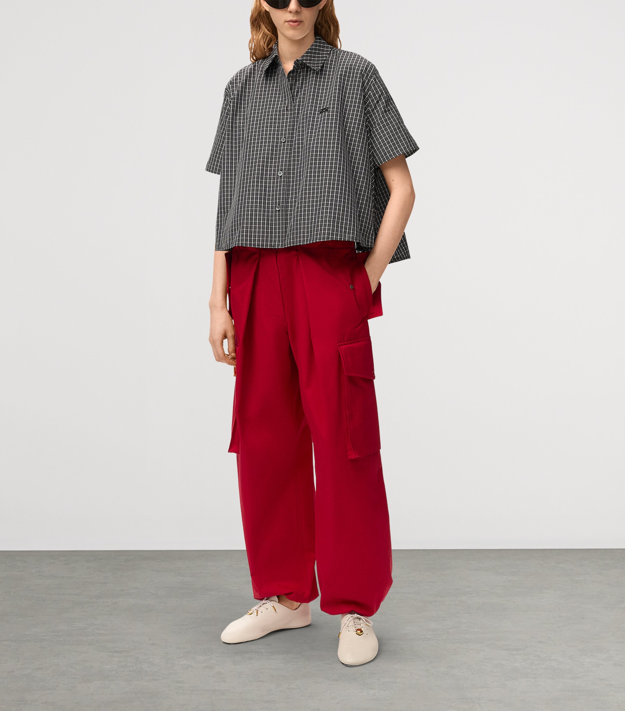 LOEWE Womens Check Trapeze Short-Sleeve Shirt Black/white Image 2