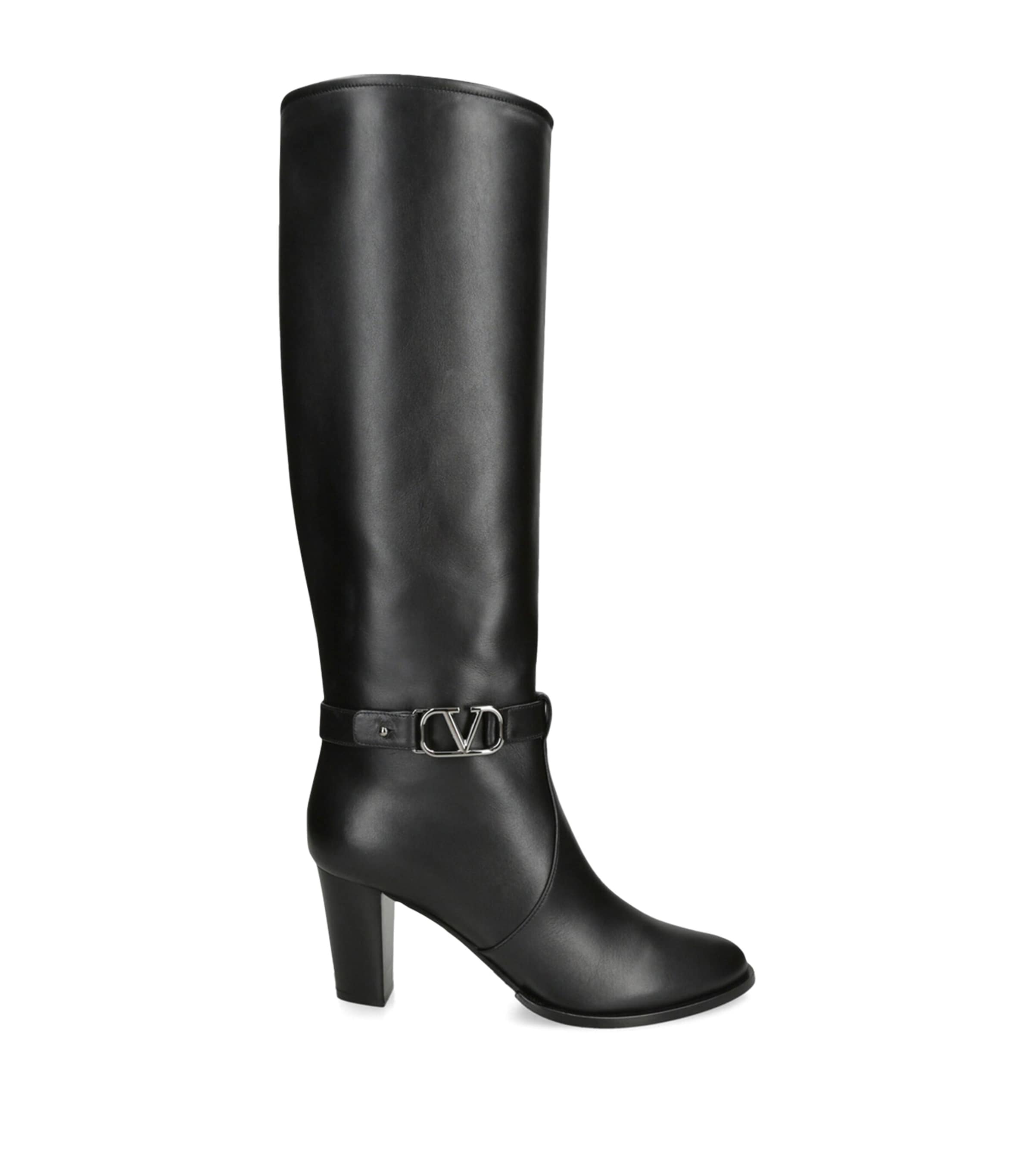 Shop Valentino Leather Vlogo Knee-high Boots 75 In Black