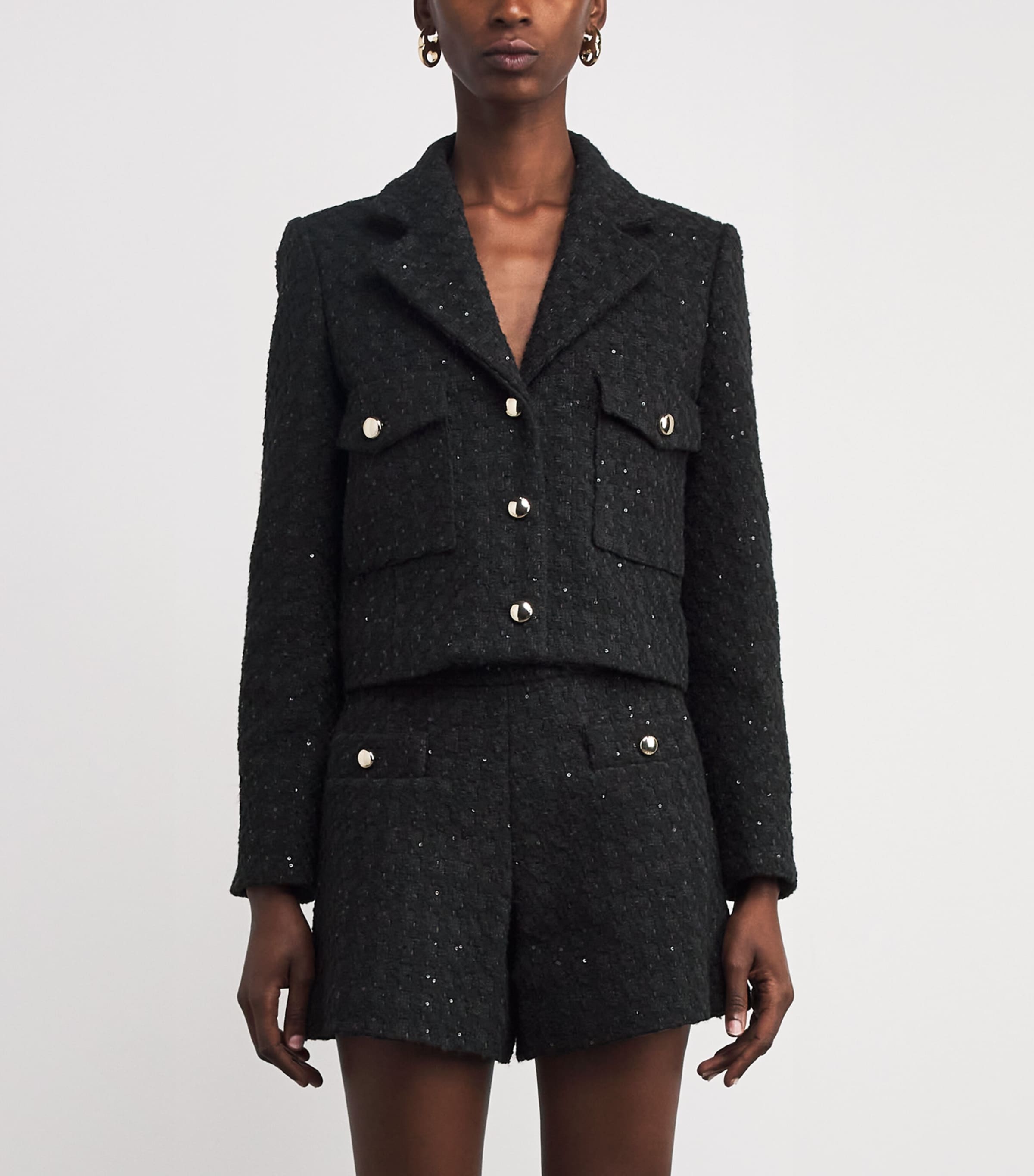 Sequinned Tweed Cropped Jacket BLACK Image 3