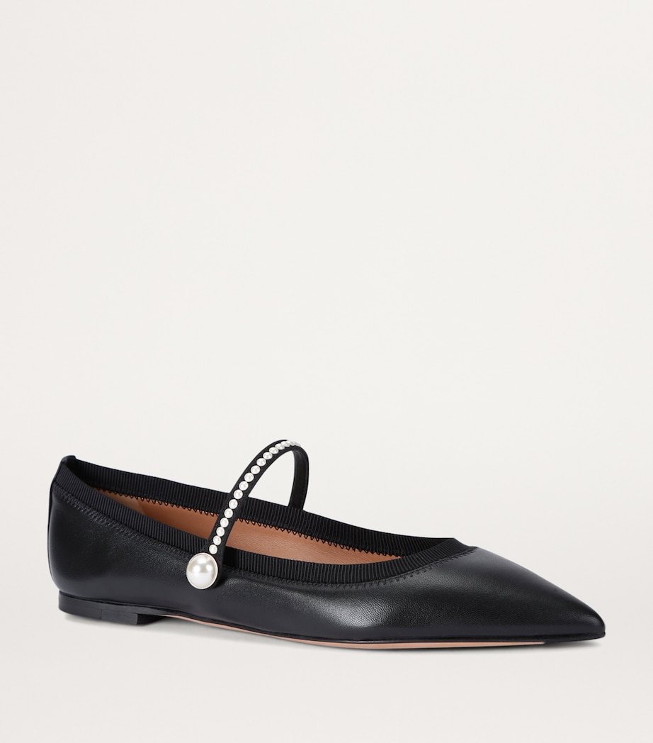 Aquazzura Leather Pearl-Strap Romy Ballet Flats Black Image 3