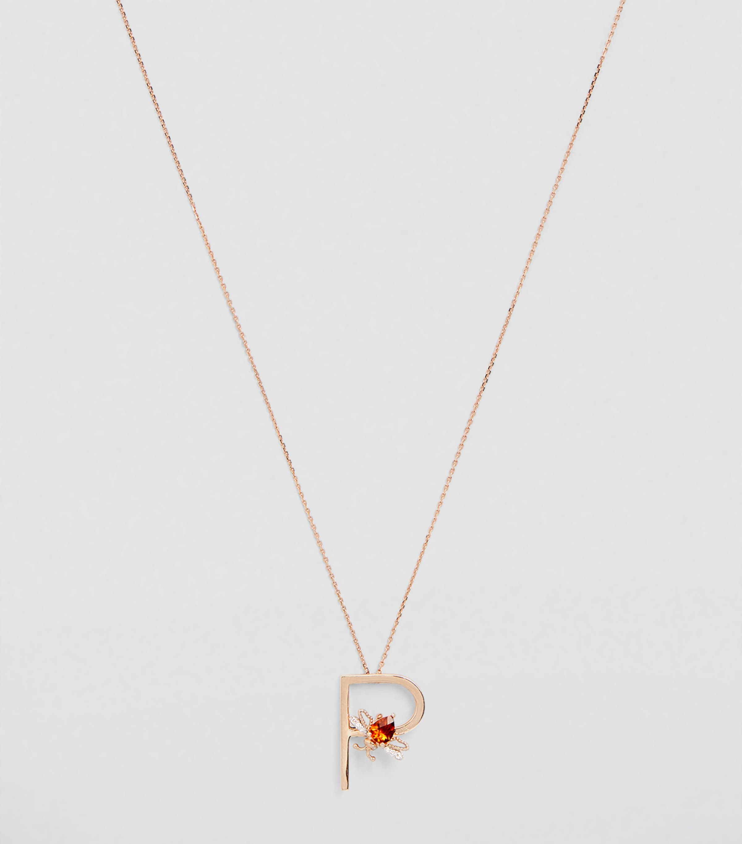 Rose Gold, Diamond and Citrine Letter ‘P’ Necklace ORANGE Image 2