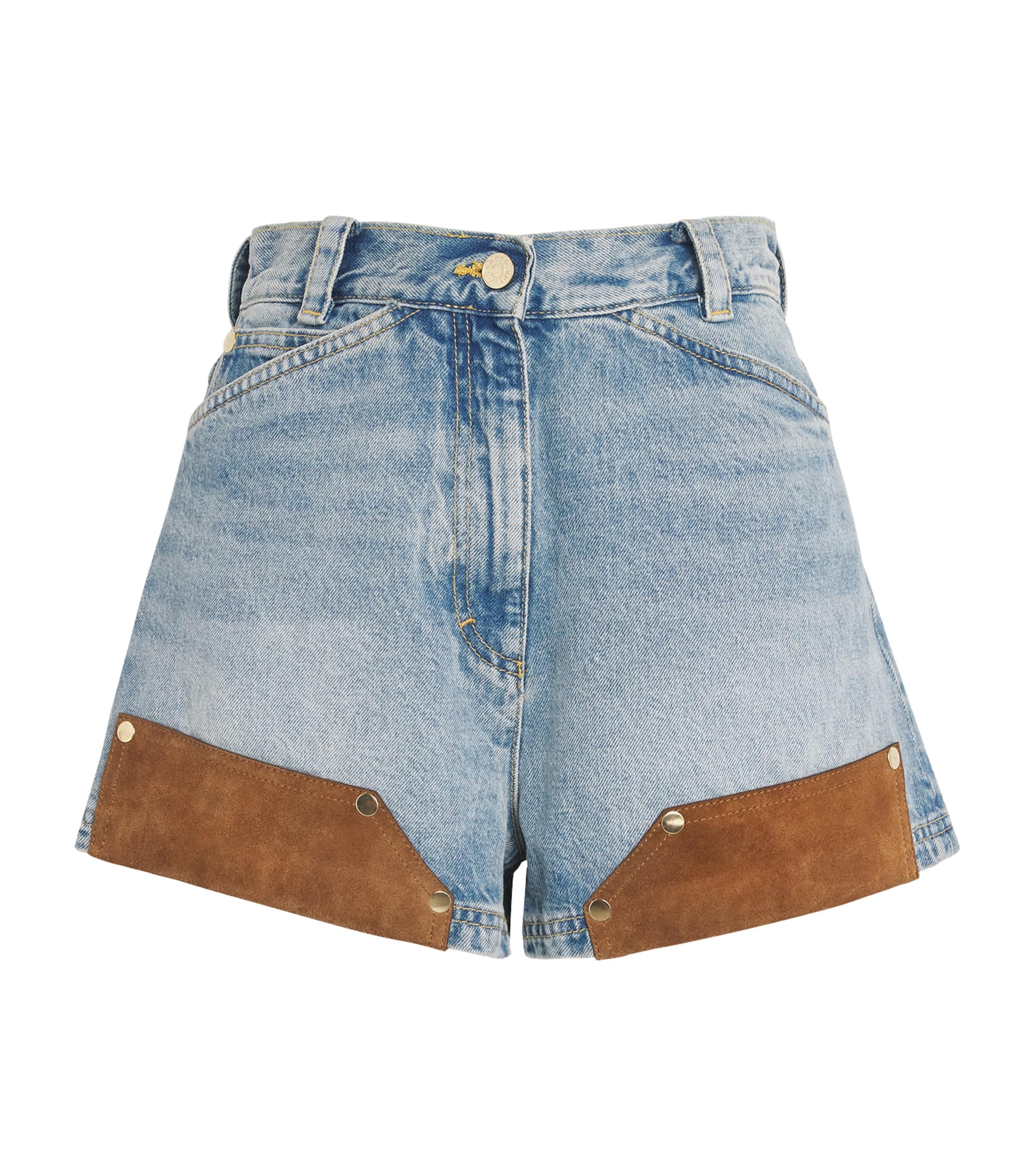 Sandro Paris Womens Suede-Trim Denim Shorts Light Bu Jean Image 1