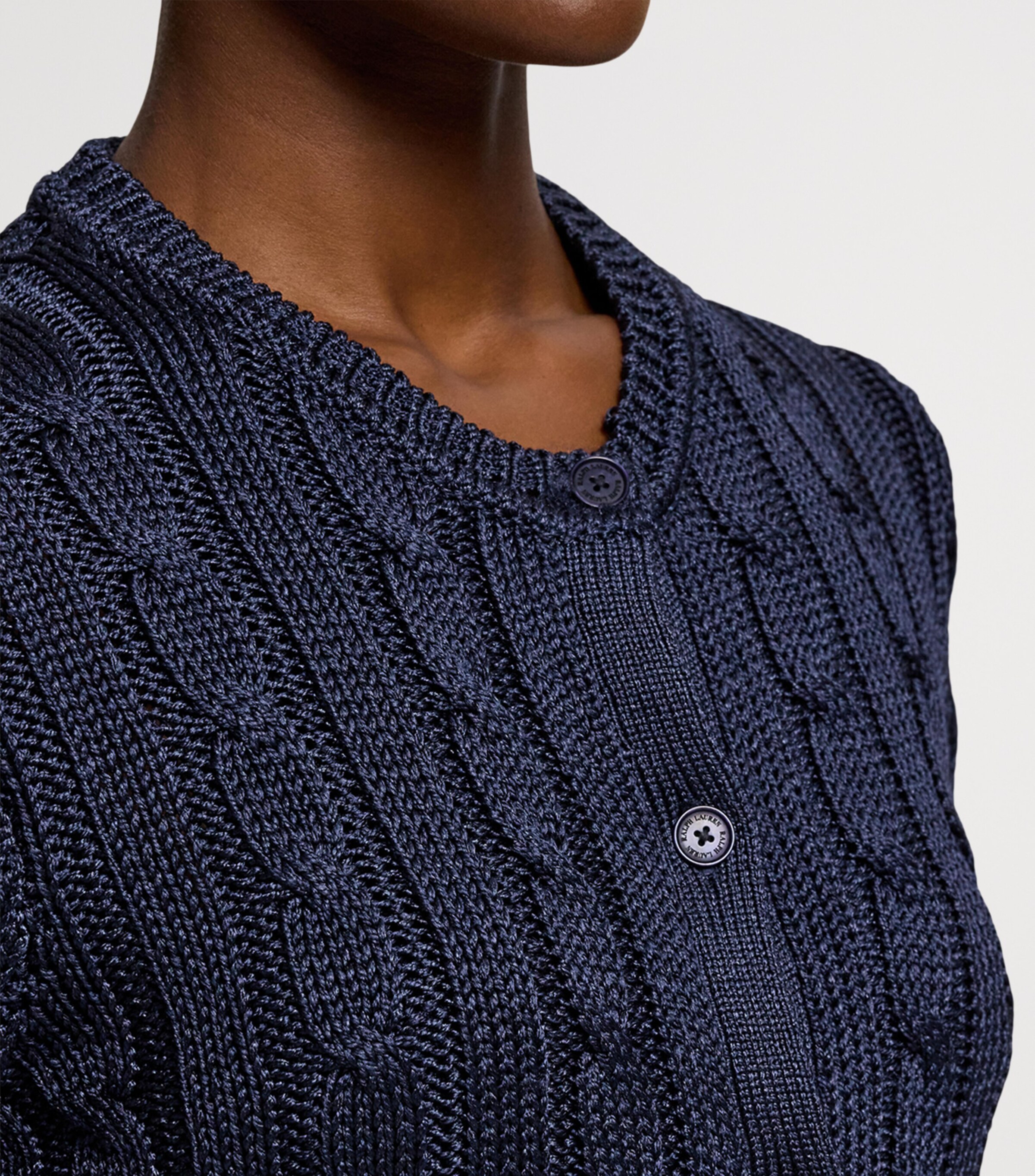 Silk Cable-Knit Cropped Cardigan NAVY-410 Image 10