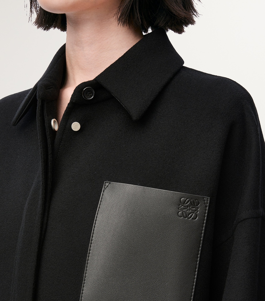 Wool-Blend Leather-Pocket Overshirt BLACK Image 5