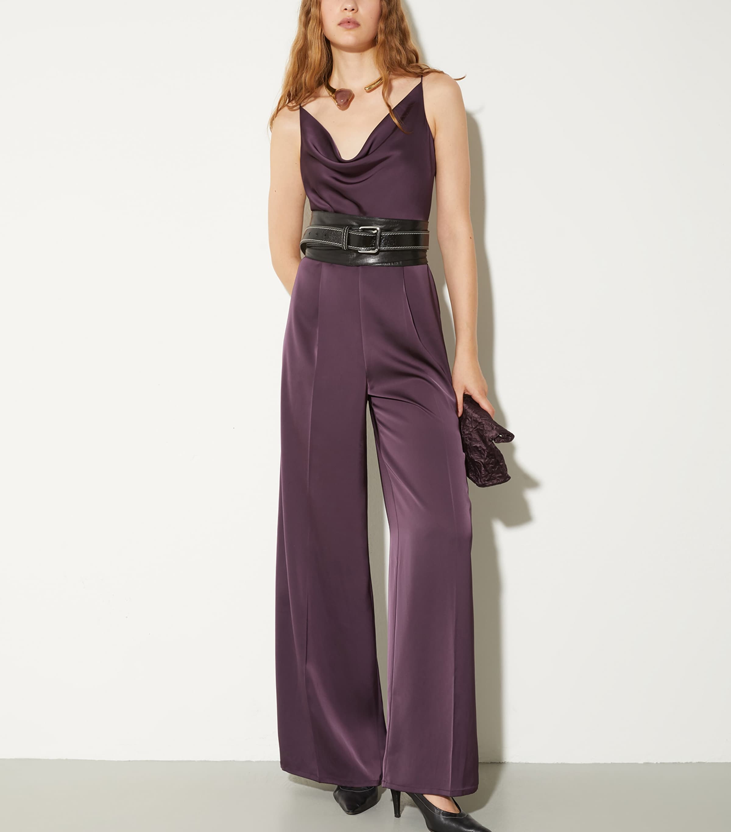 MAX&Co. Womens Satin Cowl-Neck Jumpsuit Aubergine Image 4