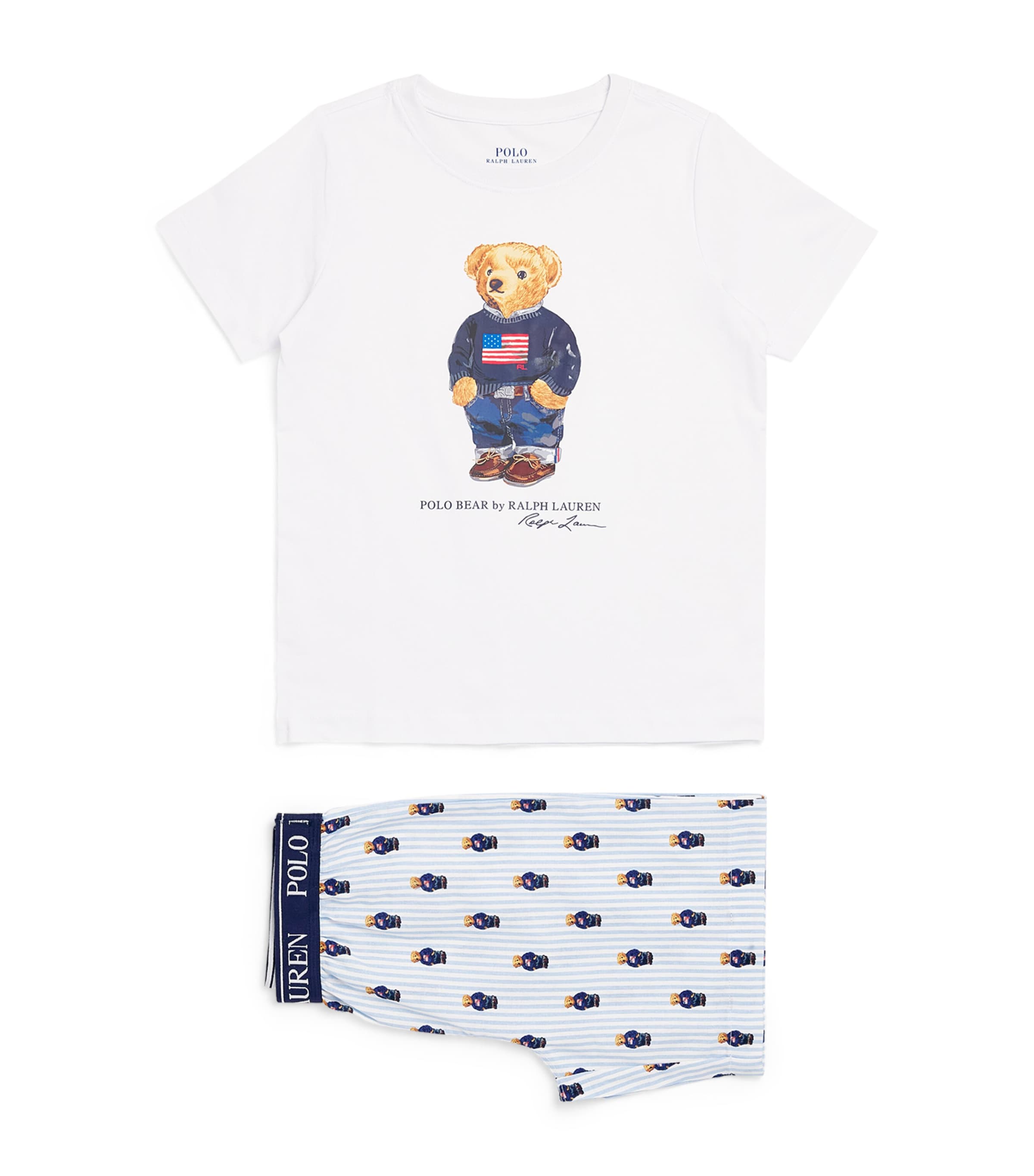 Cotton Polo Bear T-Shirt and Shorts Pyjama Set (3-7 Years) WHITE/ELITE BLUE Image 1