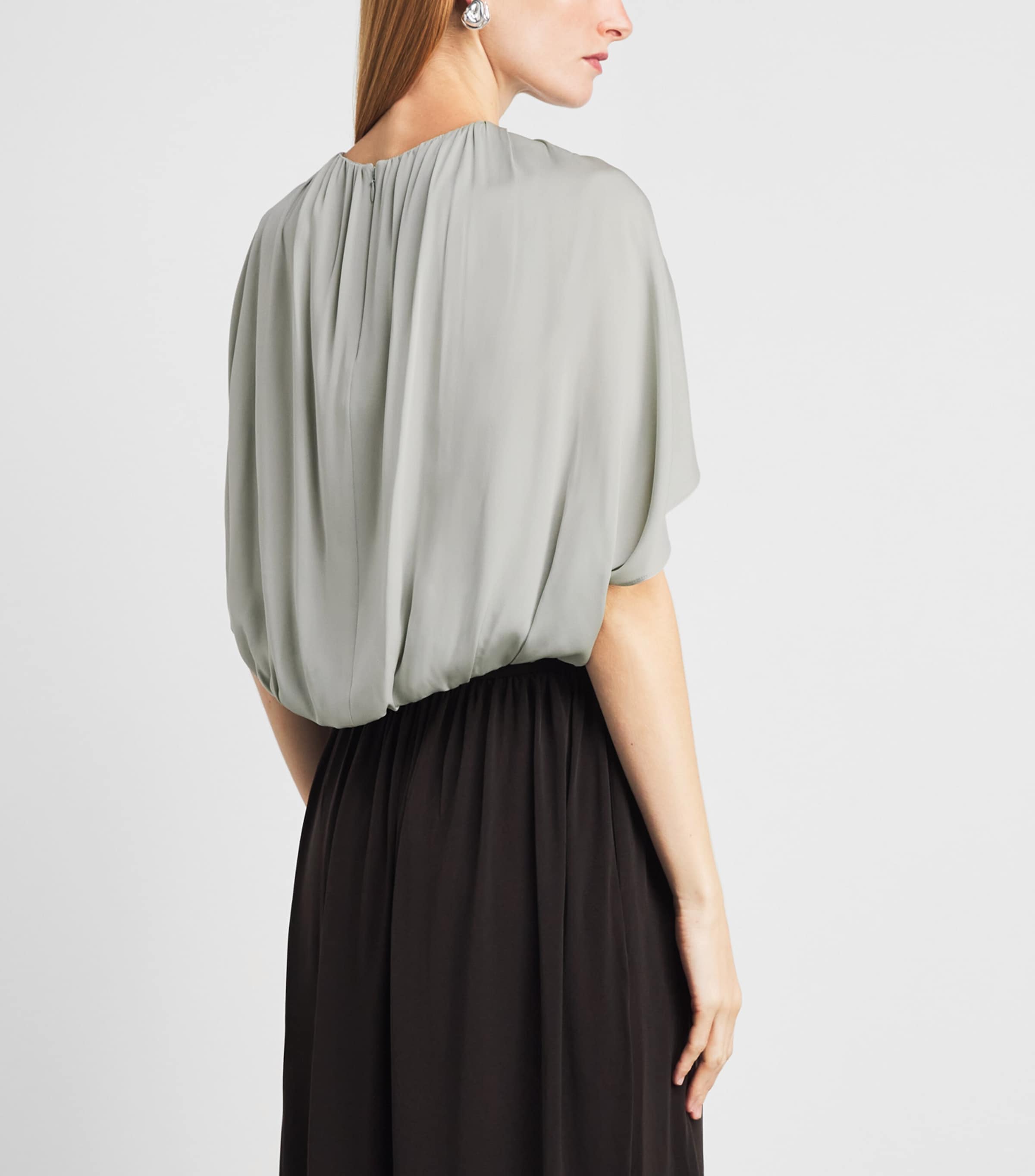 Vince Womens Stretch-Silk Cape-Sleeve Bubble Blouse Stone Sage Image 5