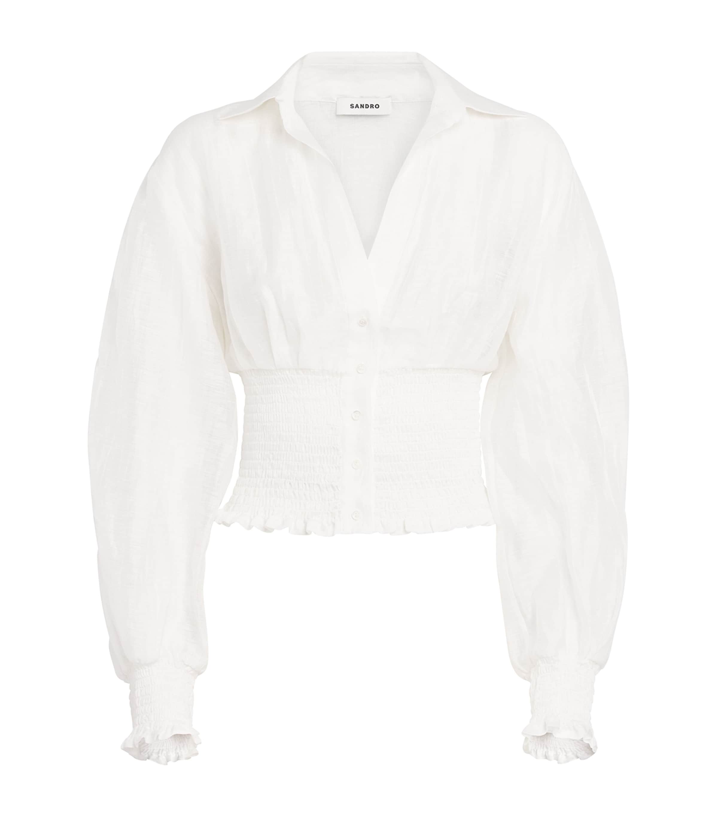Sandro Paris Womens Linen-Blend Smocked Shirt White Image 1