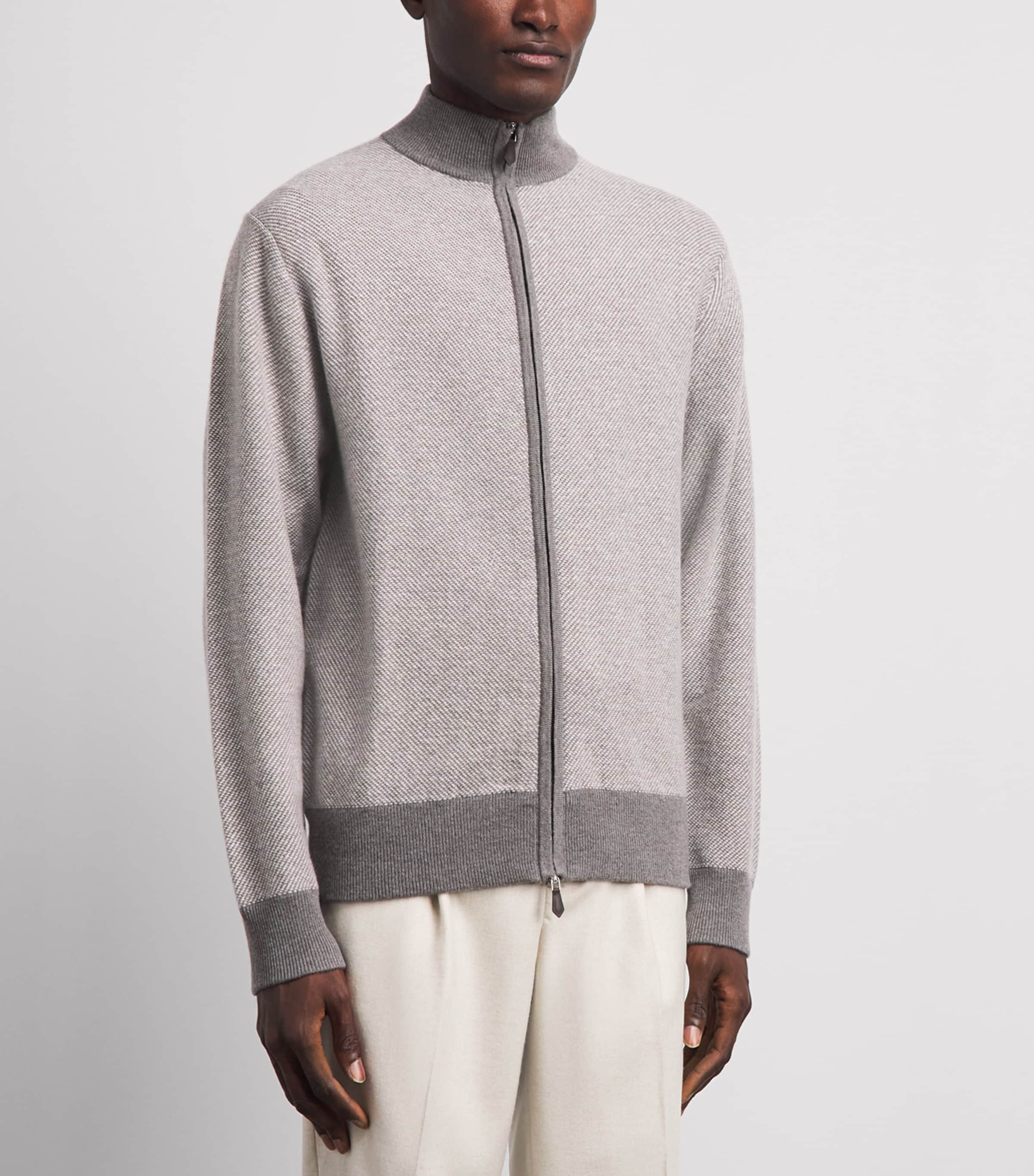 N.Peal Mens Organic Cashmere Birdseye Cardigan Taupe Ecru New Ivory Image 4