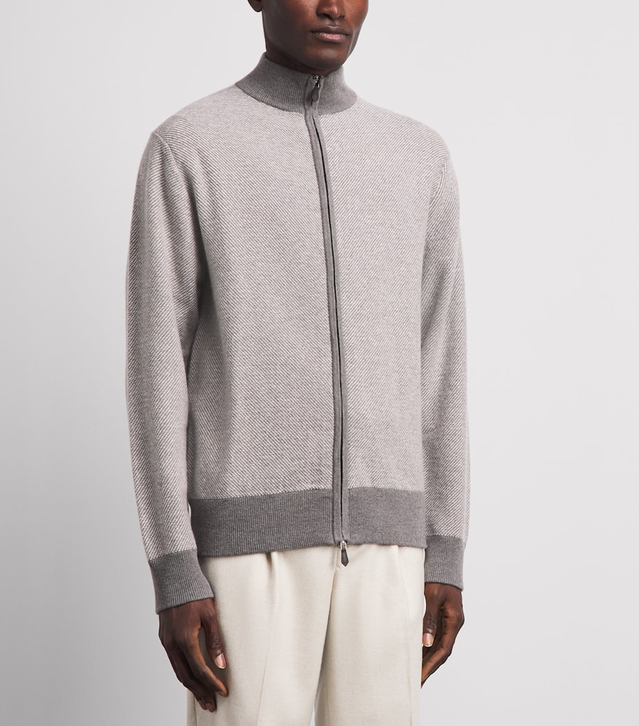 N.Peal Mens Organic Cashmere Birdseye Cardigan Taupe Ecru New Ivory Image 4