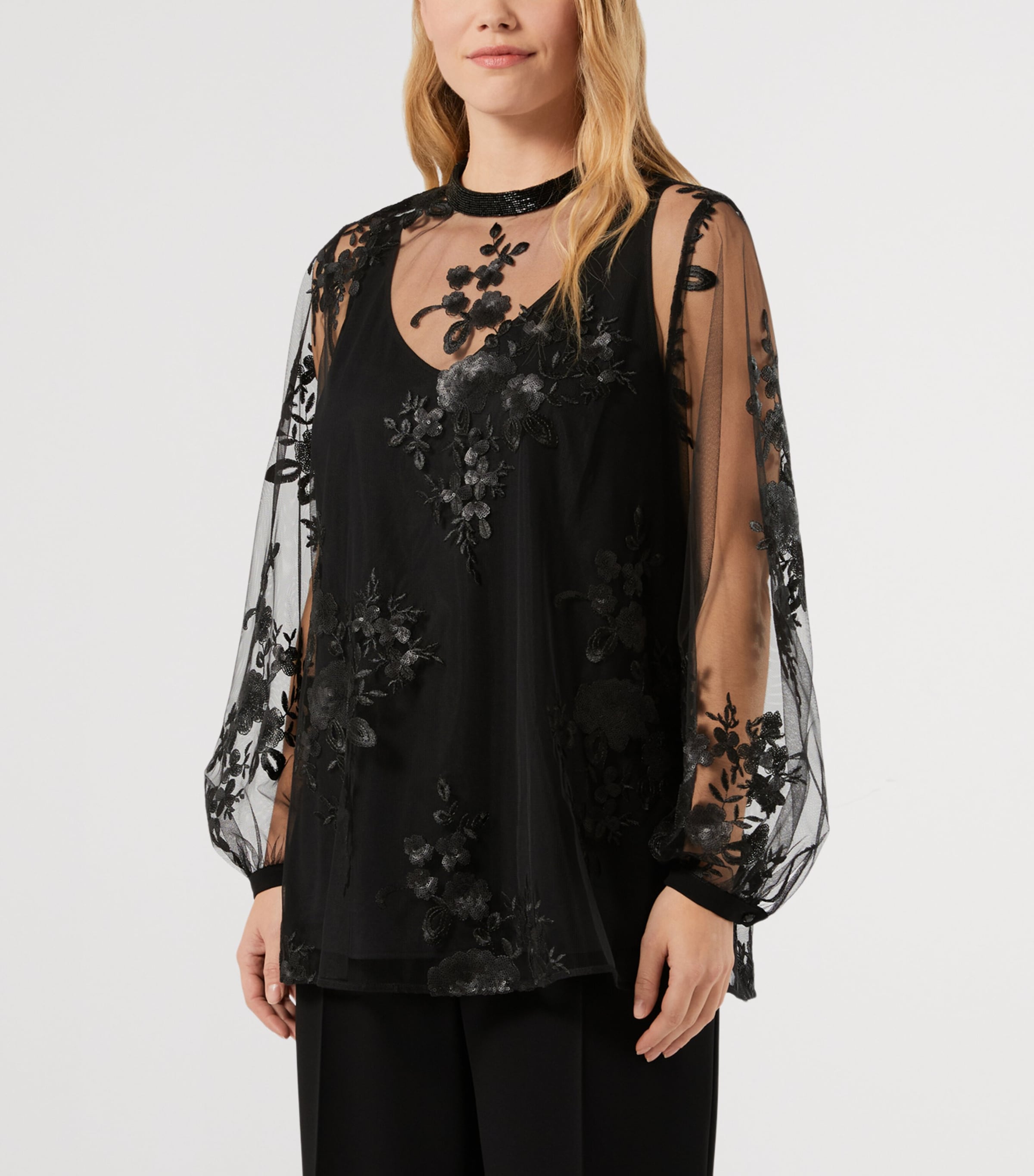Marina Rinaldi Womens Embellished Sheer Layered Blouse Black Image 3