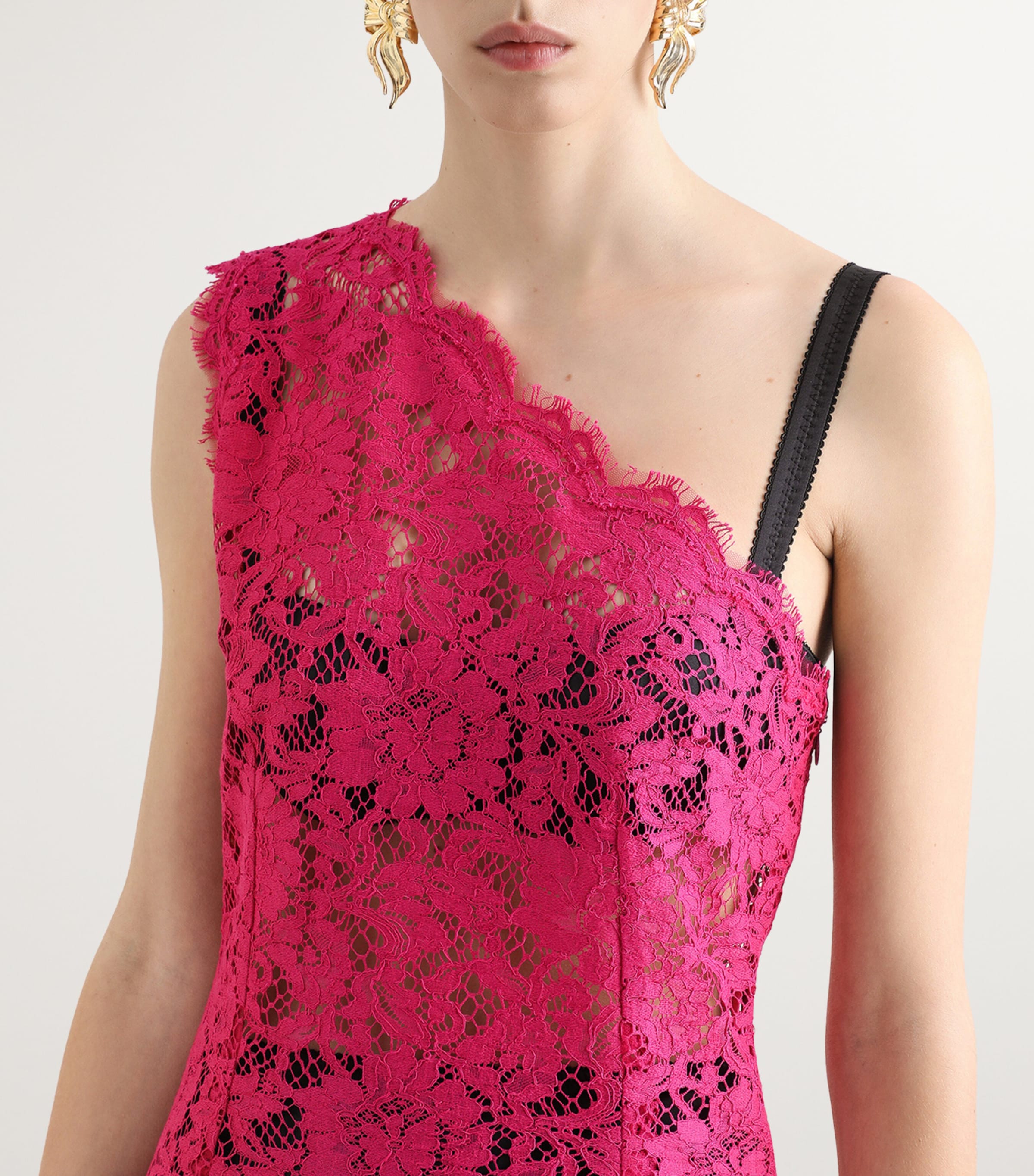 Lace One-Shoulder Mini Dress F0382-SHOCKING ROSE Image 3