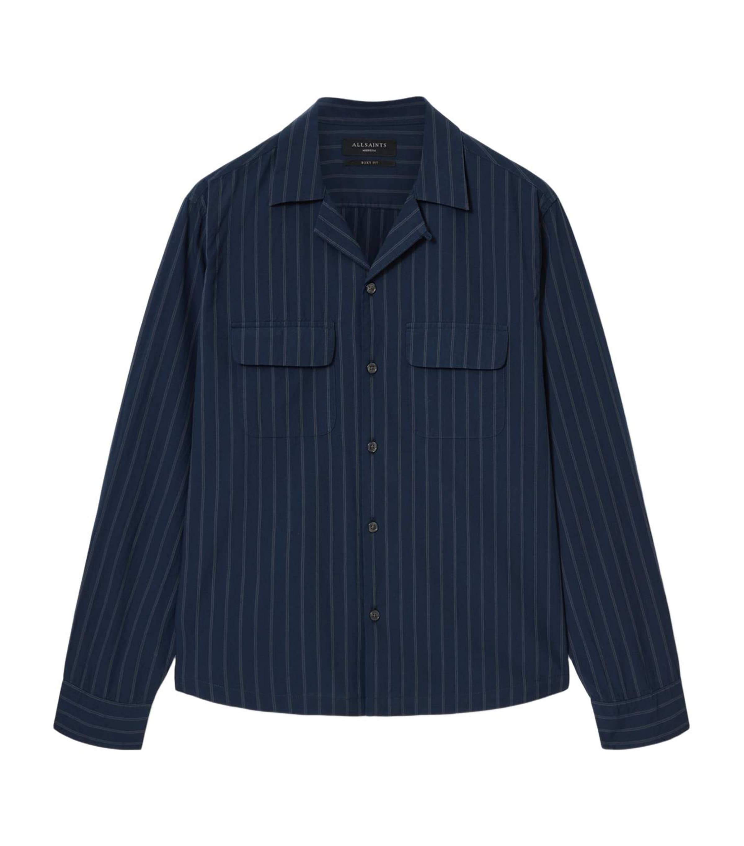 AllSaints Mens Organic Cotton Stripe Stanley Shirt Navy Blue Image 1