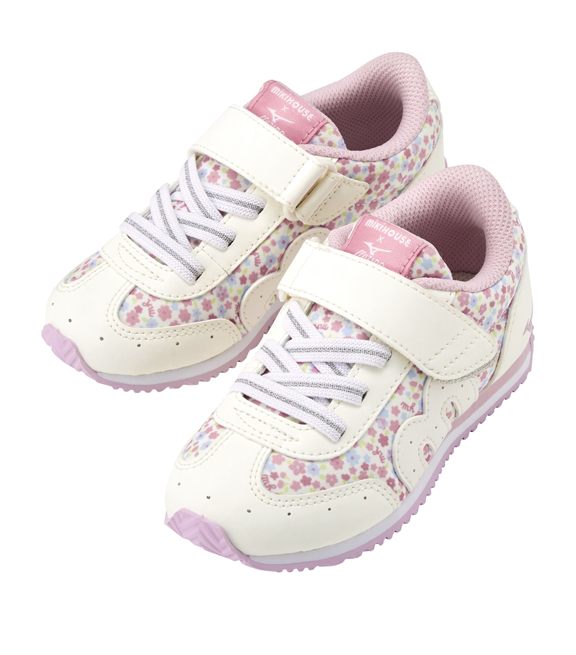 Miki House Floral Velcro Sneakers In White