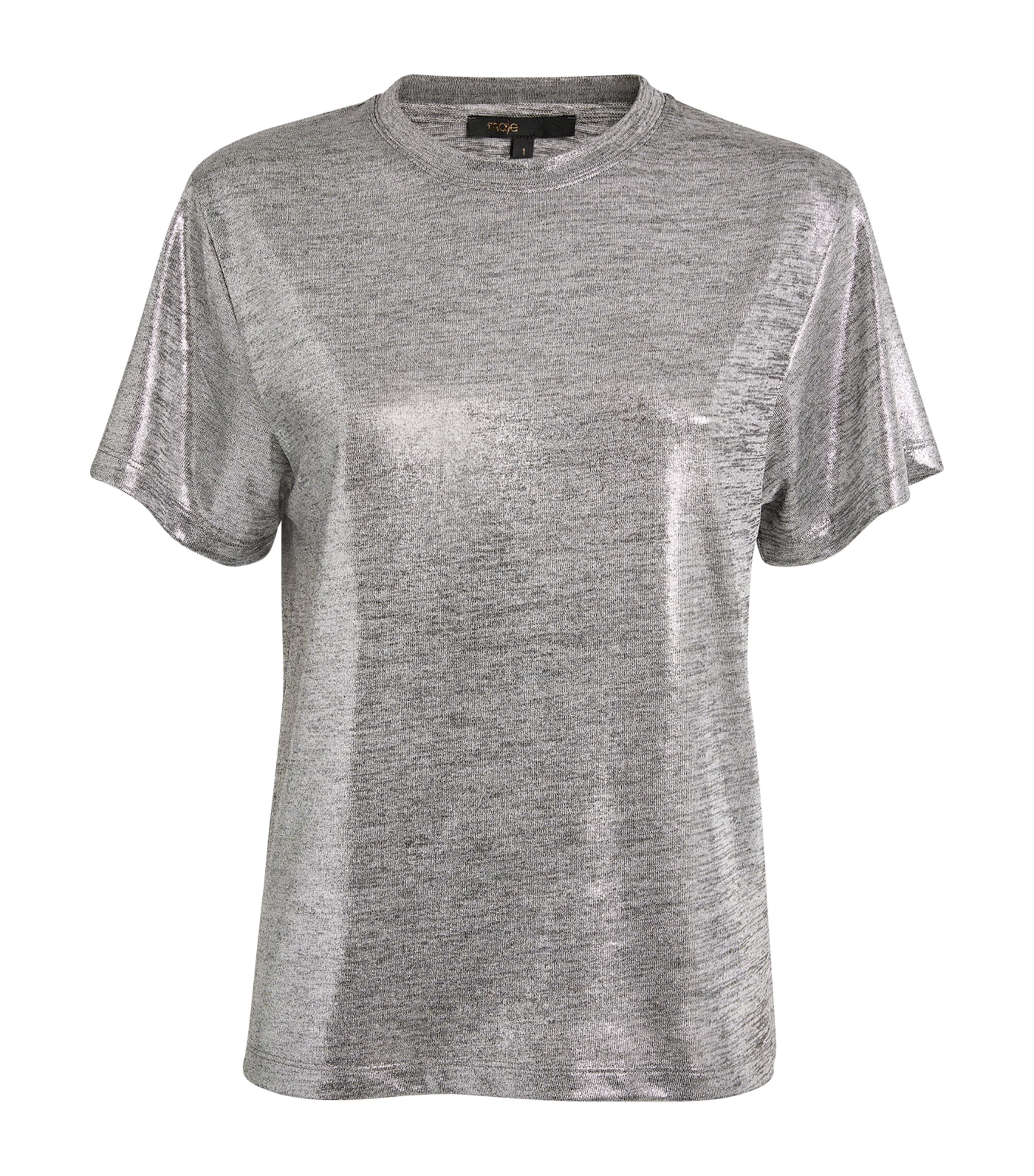 Shop Maje Metallic Silver T-shirt In Black