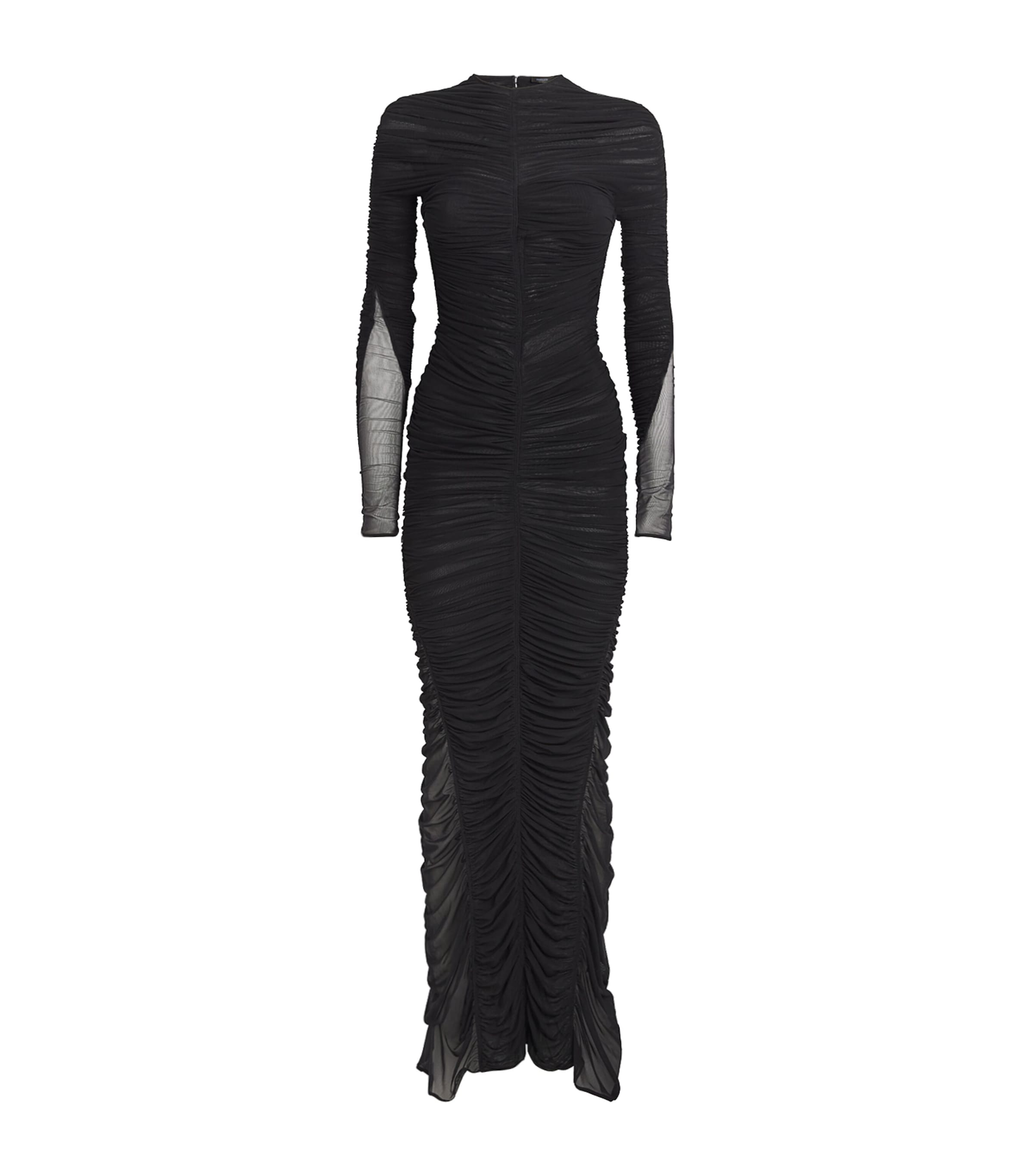 Mugler Ruffled Maxi Dress In Mesh Fabric In Black