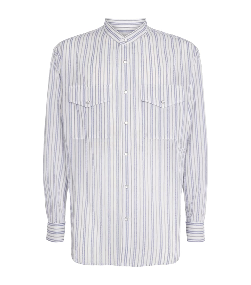 System Cotton-Blend Seersucker Stripe Shirt Light Blue