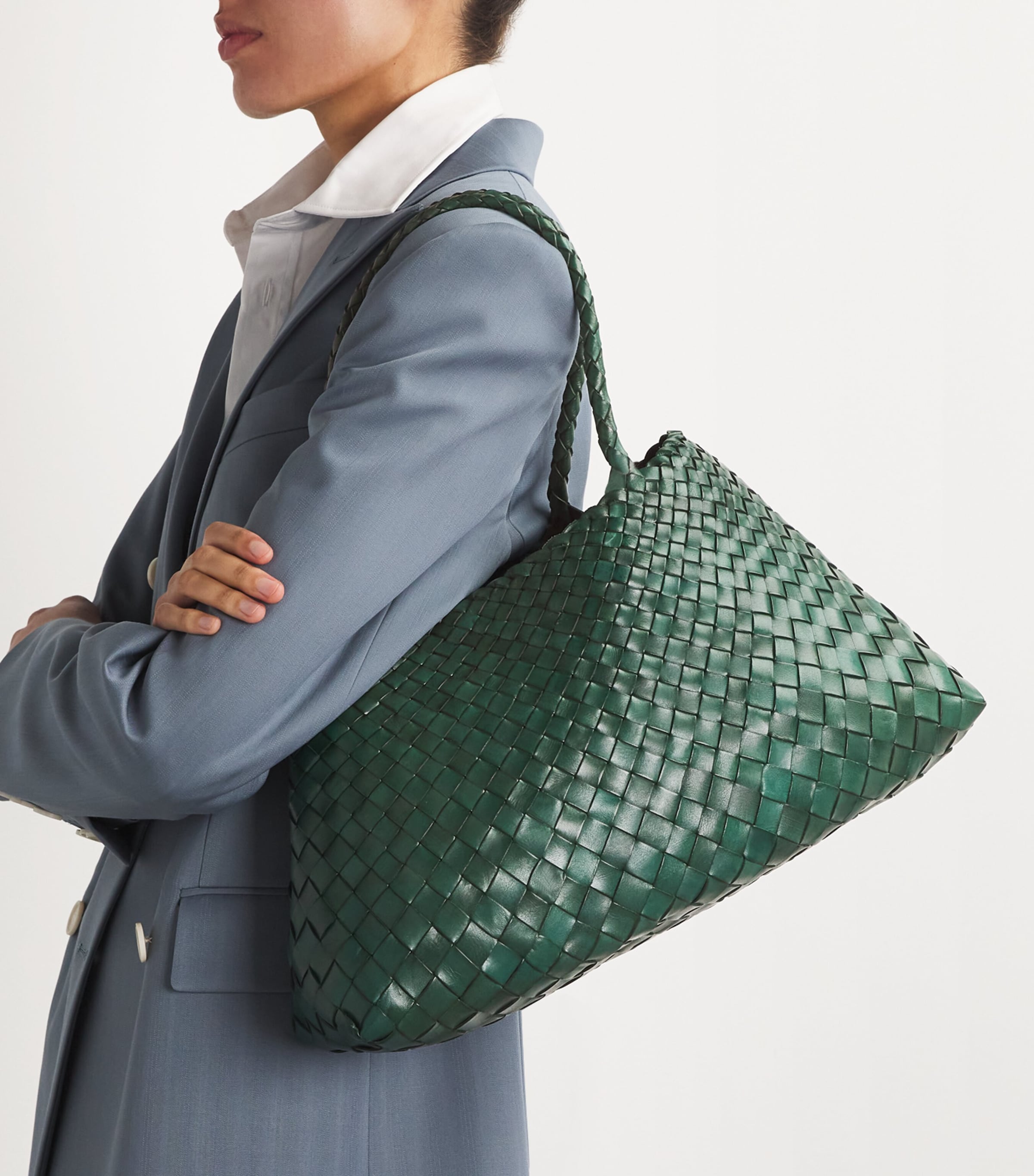 DRAGON DIFFUSION Green Large Leather Woven Santa Croce Tote Bag DRAGON DIFFUSION Green Large Leather Woven Santa Croce Tote Bag