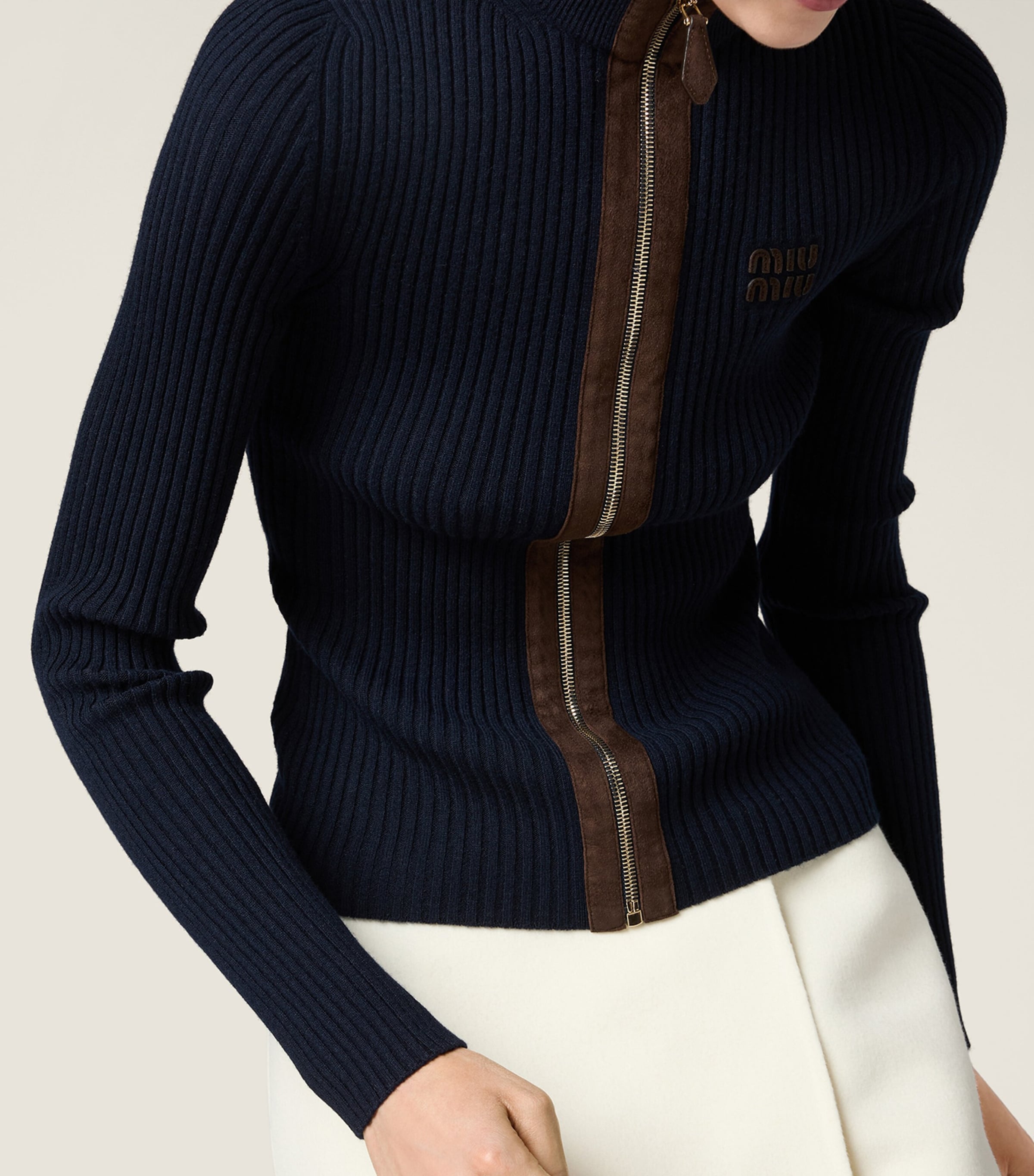 Miu Miu Womens Cashmere-Blend Suede-Trim Cardigan Image 4