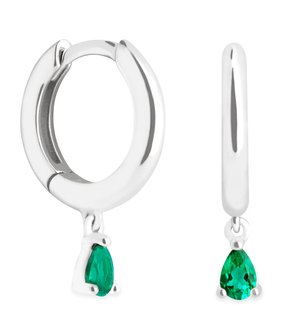 White Gold and Emerald Pear Huggie Hoop Earrings WHITE GOLD Image 1