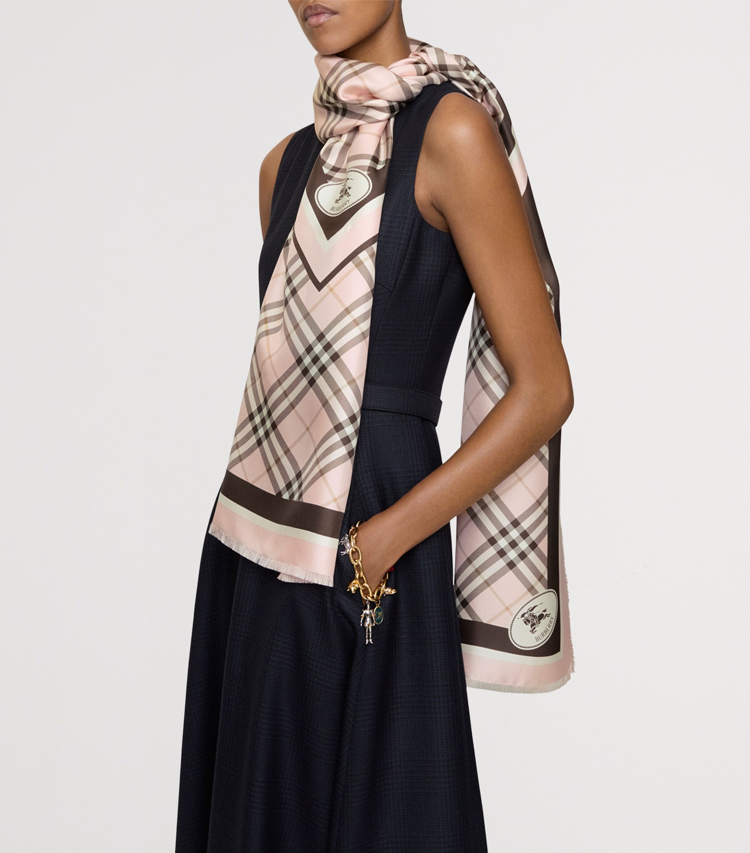 Burberry Pink Silk Check Knight Motif Scarf | Harrods US display picture 3