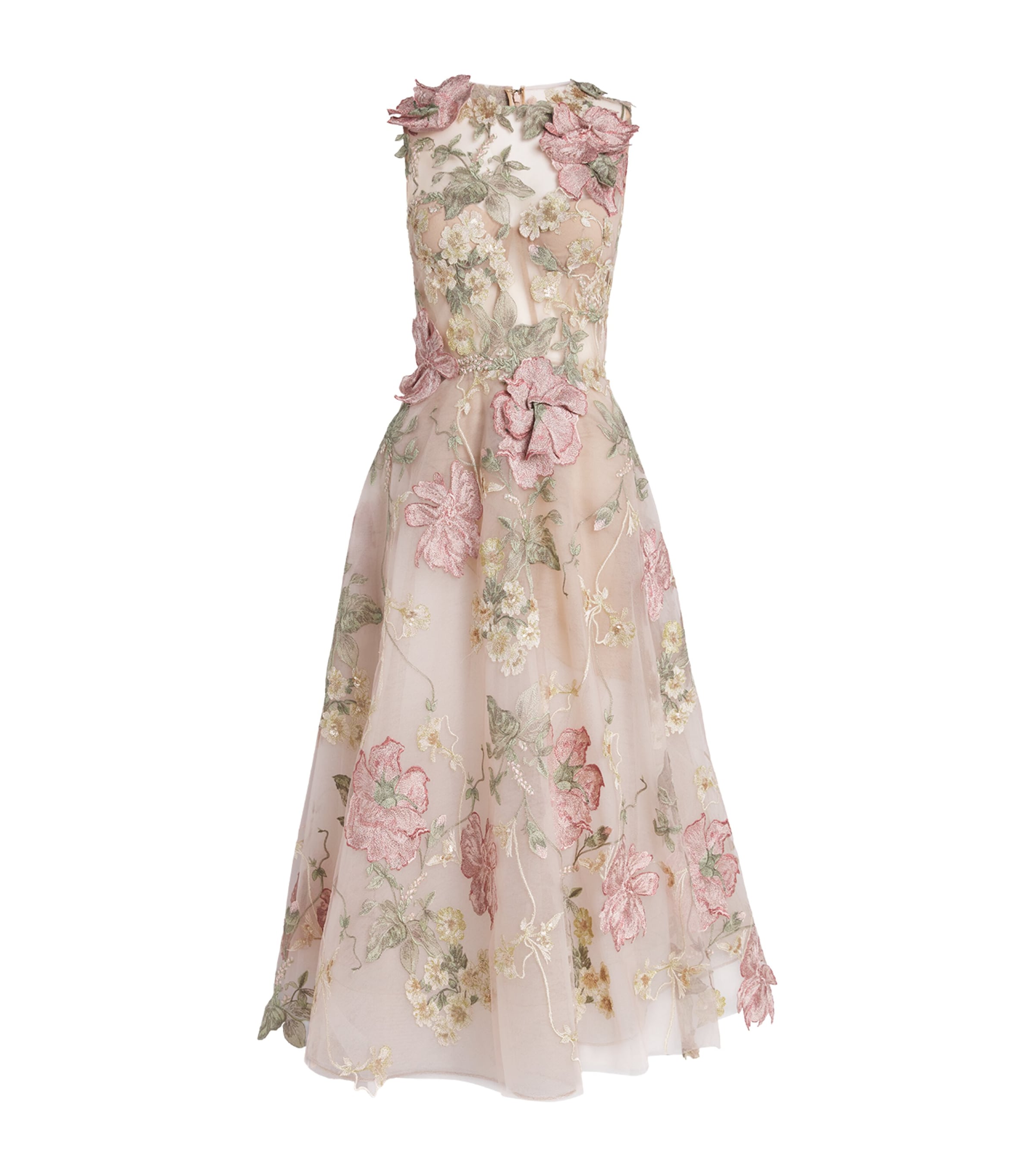 MARCHESA FLORAL-EMBROIDERED MIDI DRESS