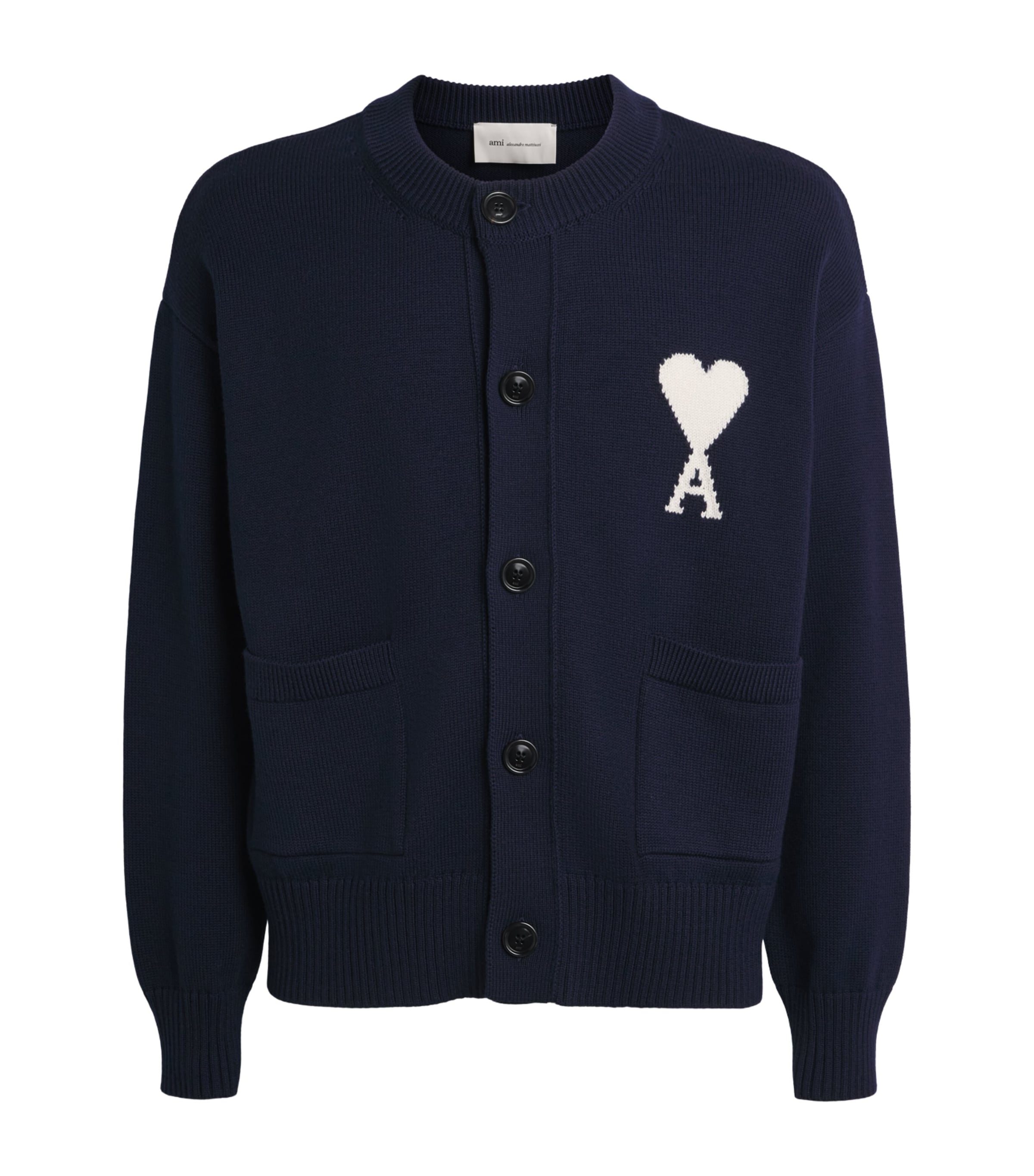 AMI Paris Mens Wool-Cotton Ami de Coeur Cardigan Encre/ecru Image 1