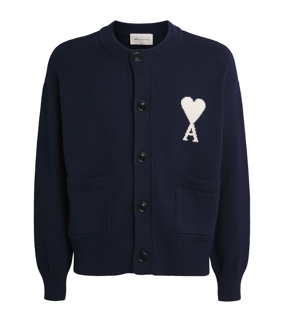AMI Paris Mens Wool-Cotton Ami de Coeur Cardigan Encre/ecru Image 1