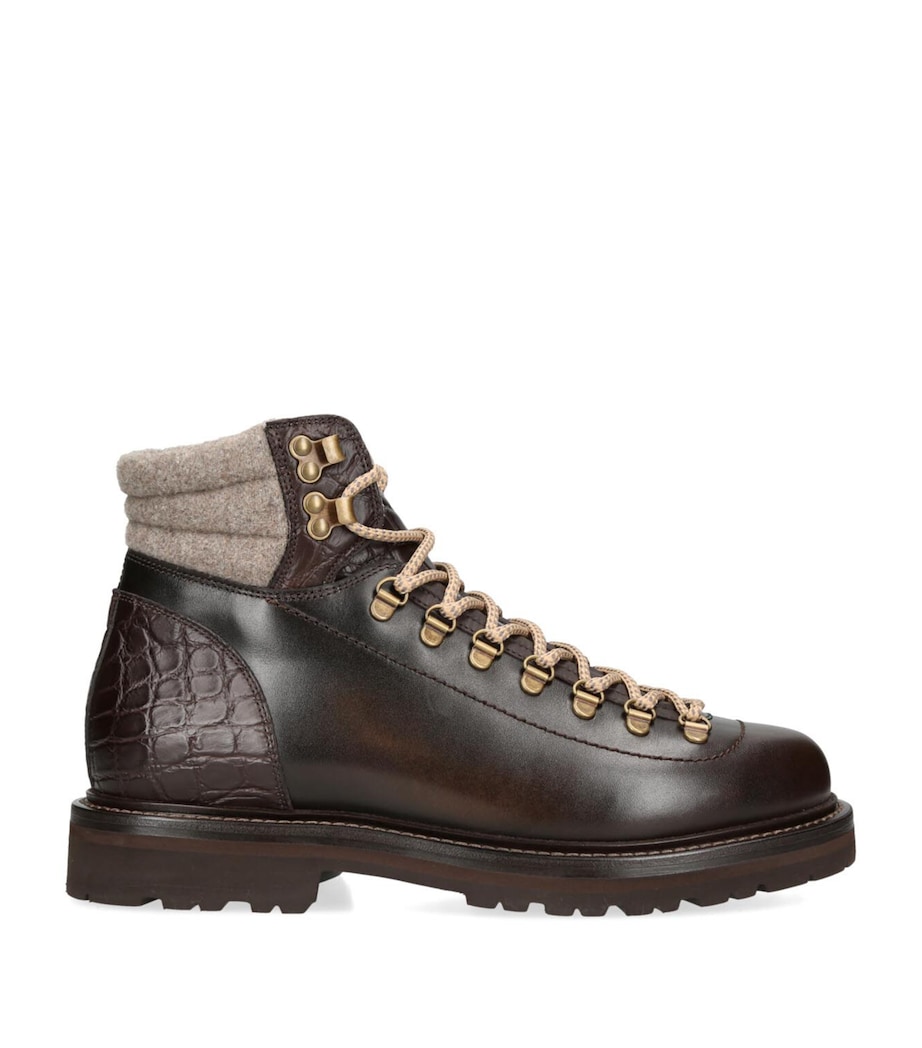 Crocodile Leather Wool-Trim Boots DARK BROWN Image 1