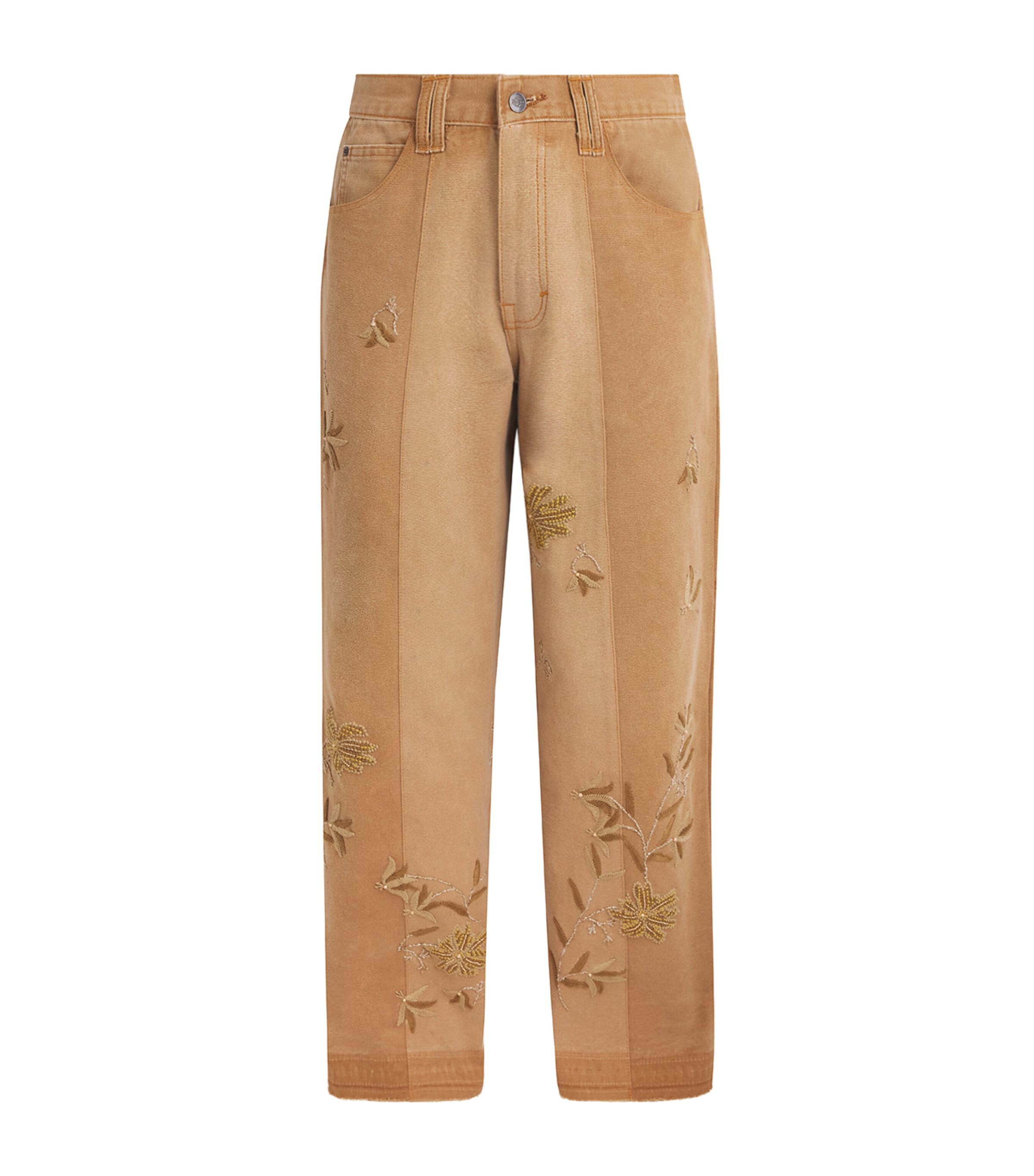 Kartik Research Mens Canvas Embroidered 5-Pocket Trousers Beige/brown/olive Image 1