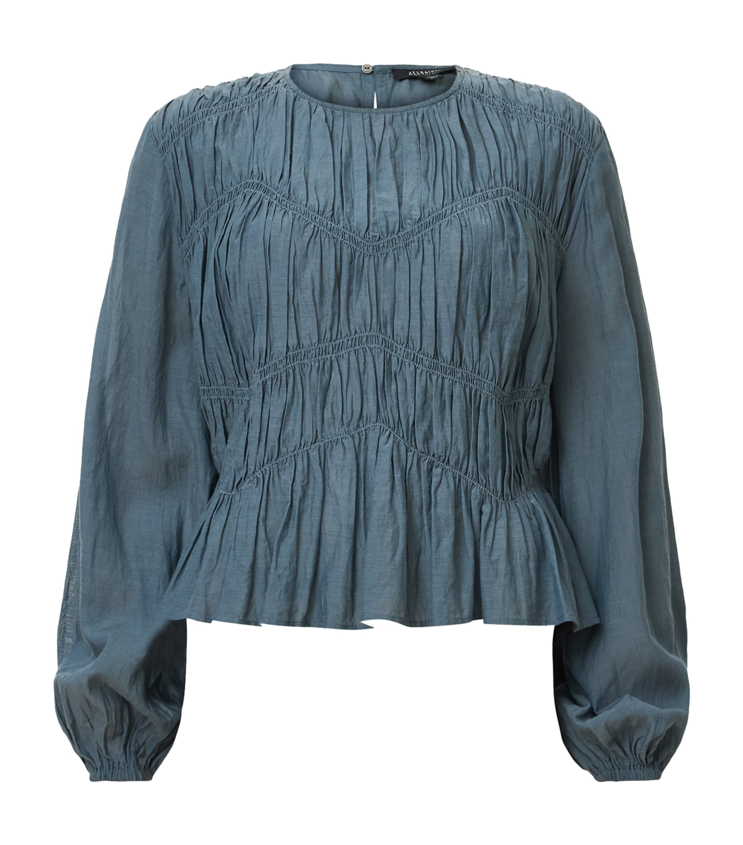 Allsaints Womens Dark Slate Blu Melani Round-neck Gathered-bodice Cotton-blend Top In Blue