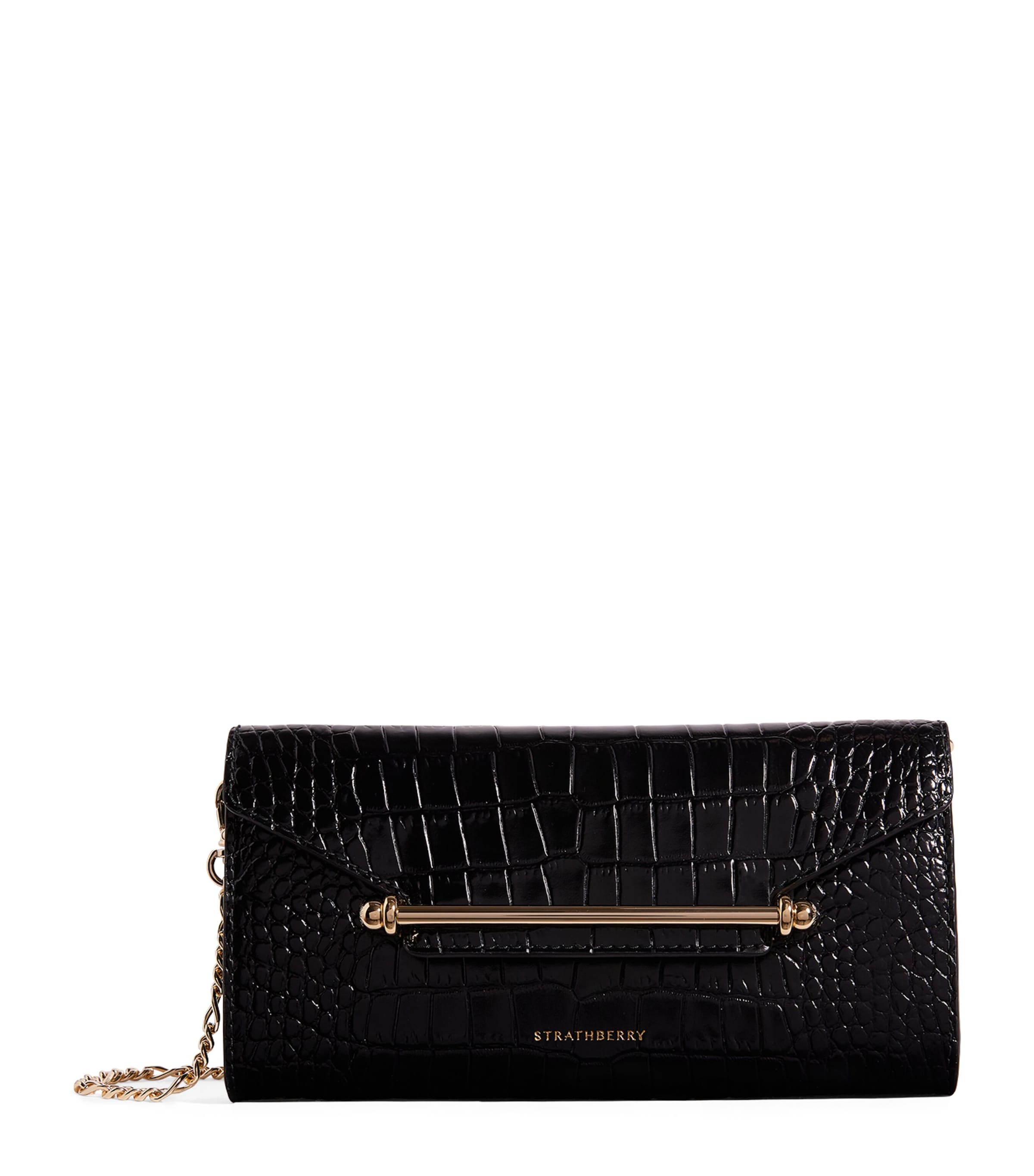 Shop Strathberry Leather Multrees Croc-effect Chain Wallet In Black