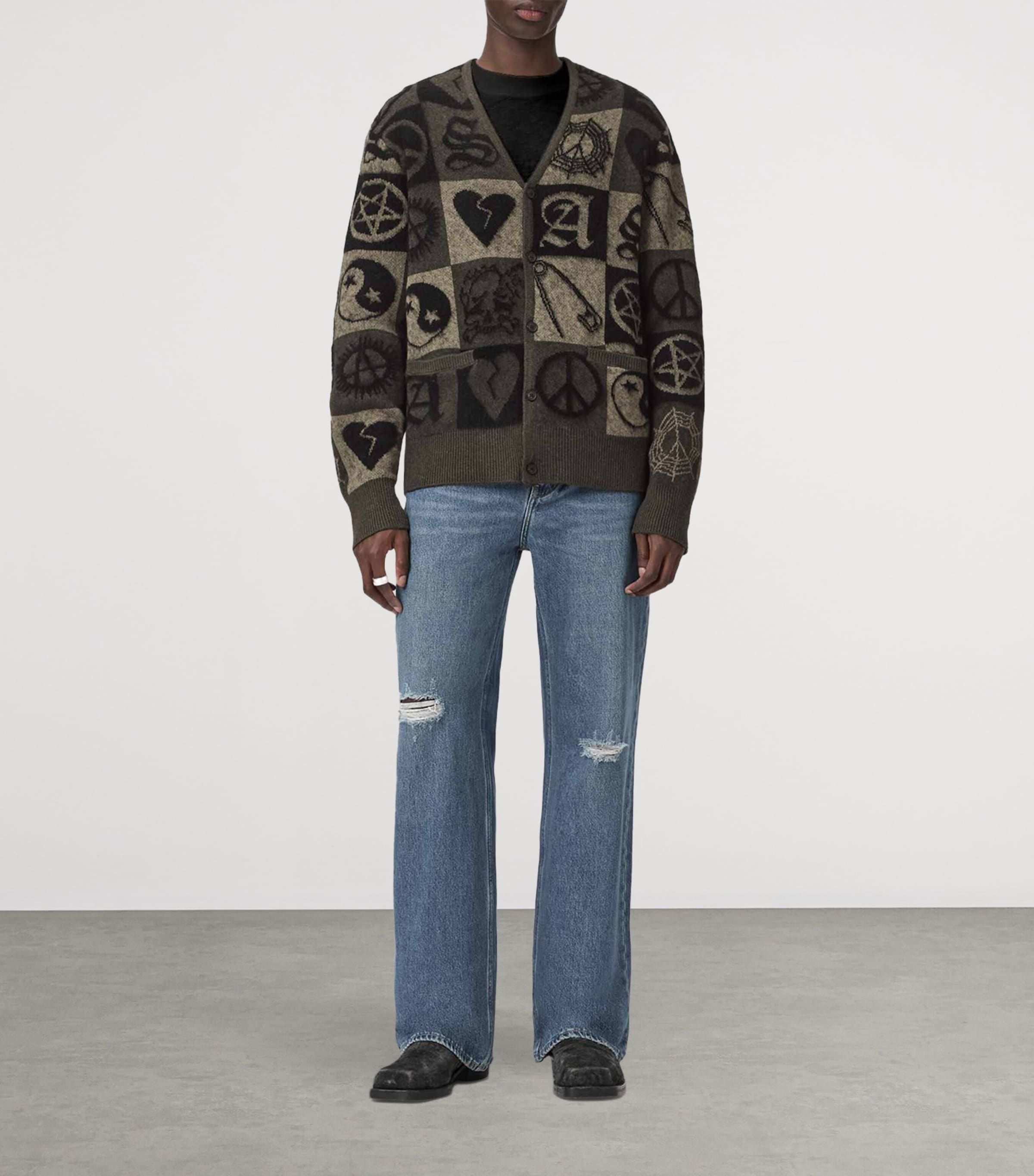 AllSaints Mens Jacquard Travis Cardigan Olive Green/black Image 2
