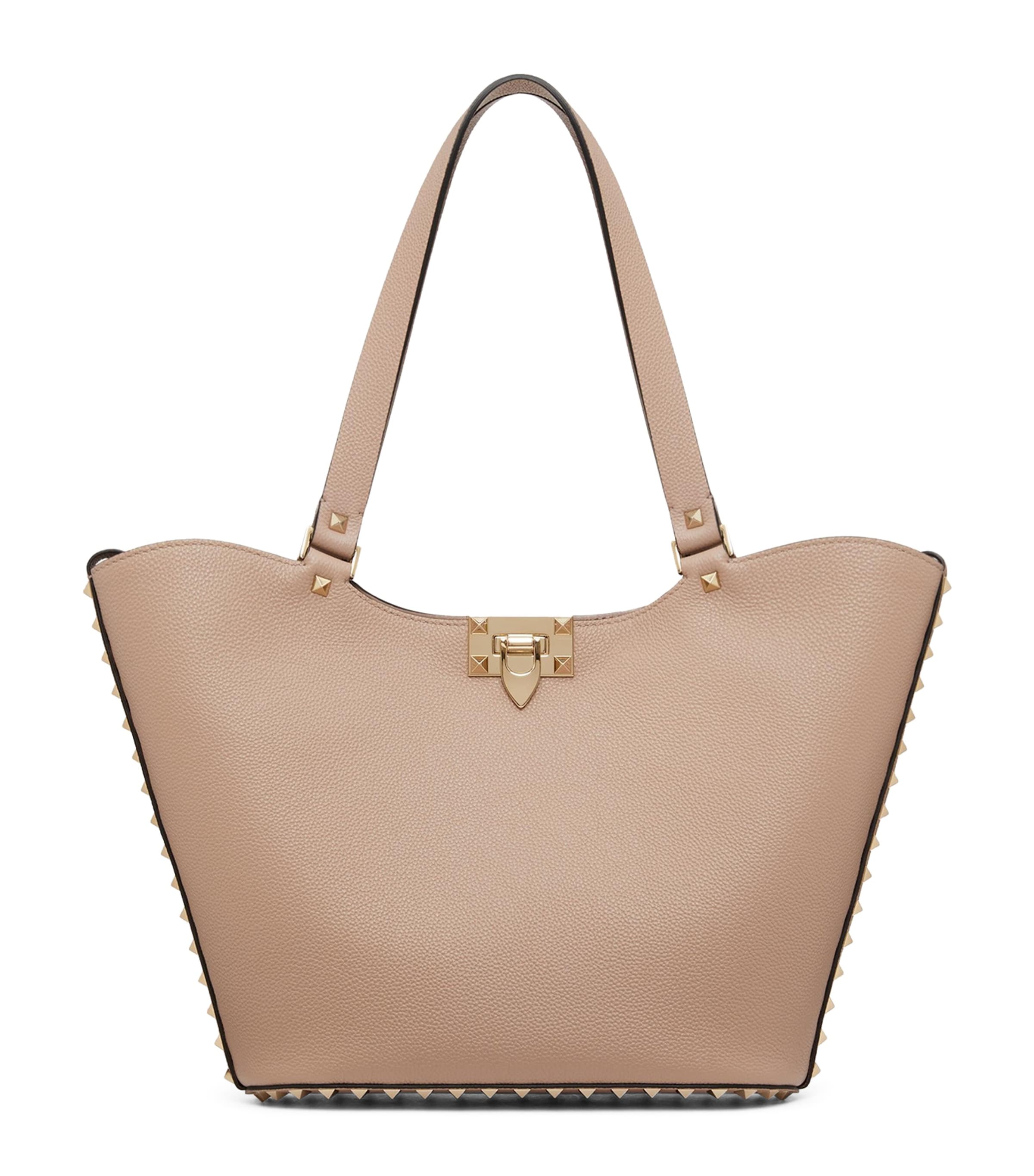 Valentino Garavani Leather Rockstud Tote Bag In Nude