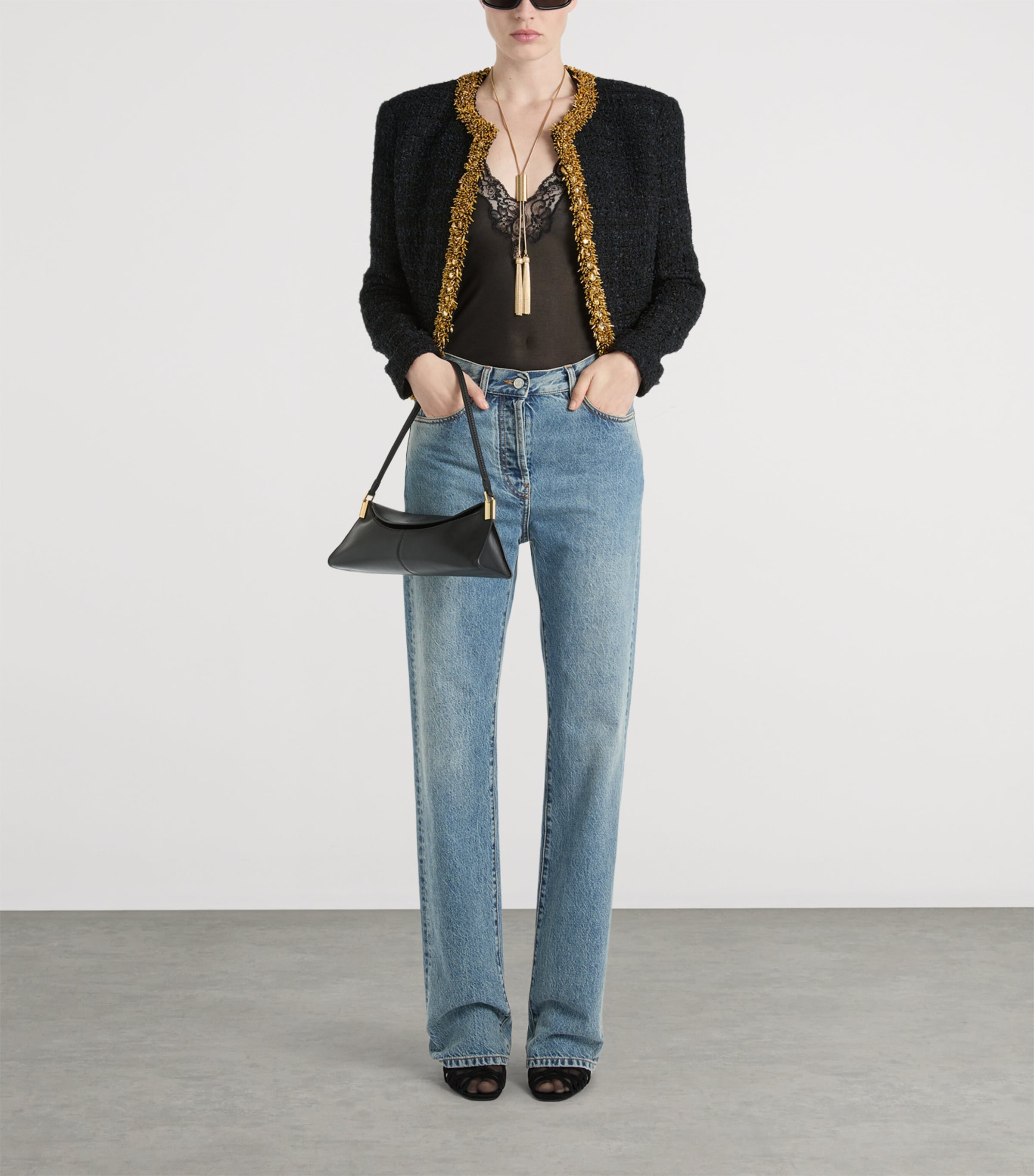 Balmain Womens Tweed Beaded-Trim Blazer Ead Noir Or Image 2