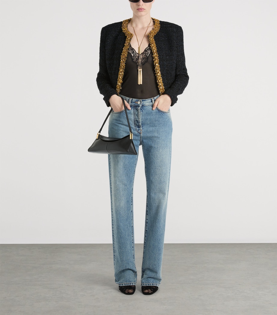 Balmain Womens Tweed Beaded-Trim Blazer Ead Noir Or Image 2