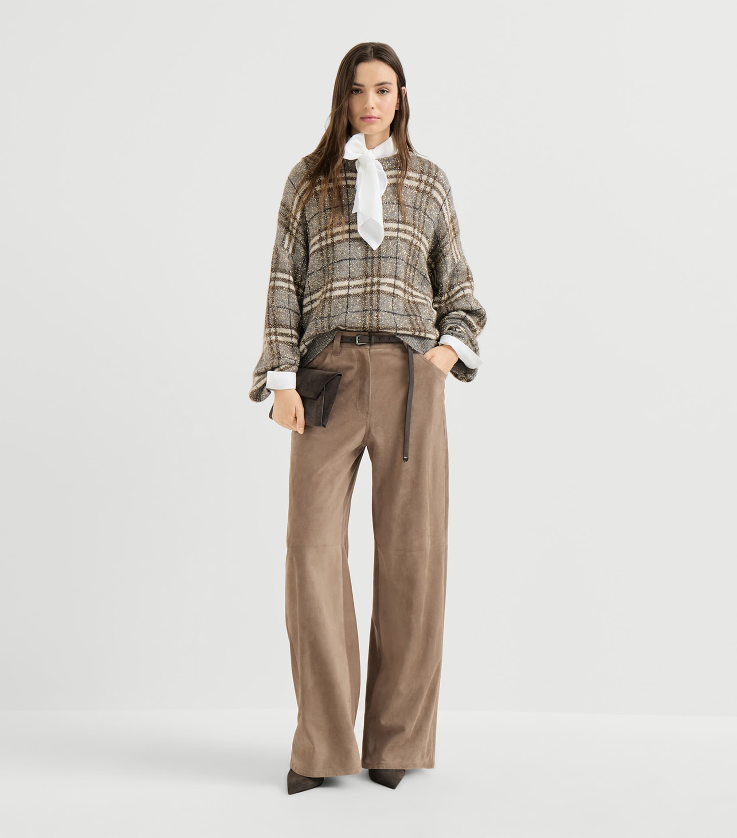 Brunello Cucinelli Womens Sequin Check Sweater Grey+brown Image 5