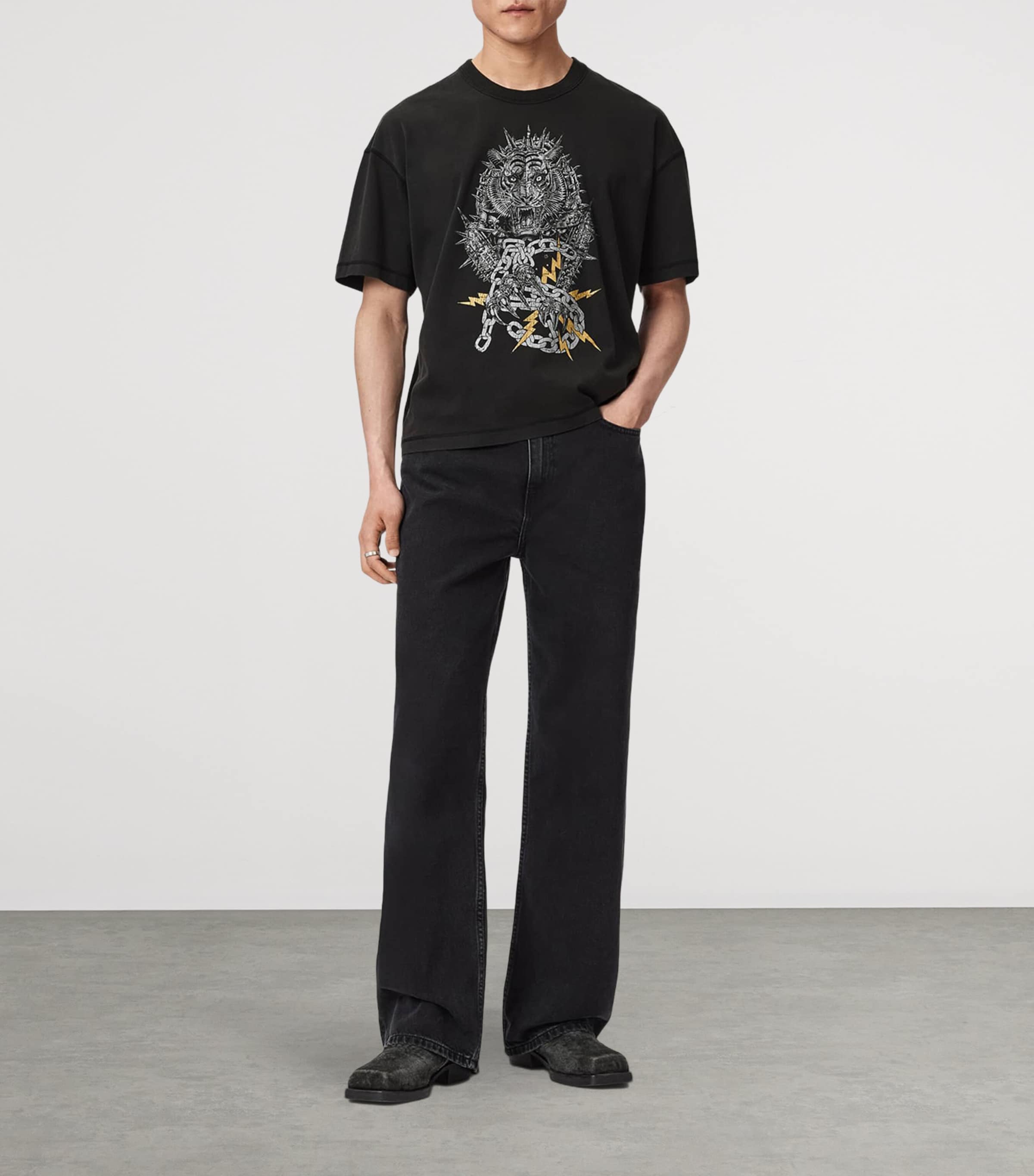 AllSaints Mens Cotton Iron Tiger T-Shirt Washed Black Image 2