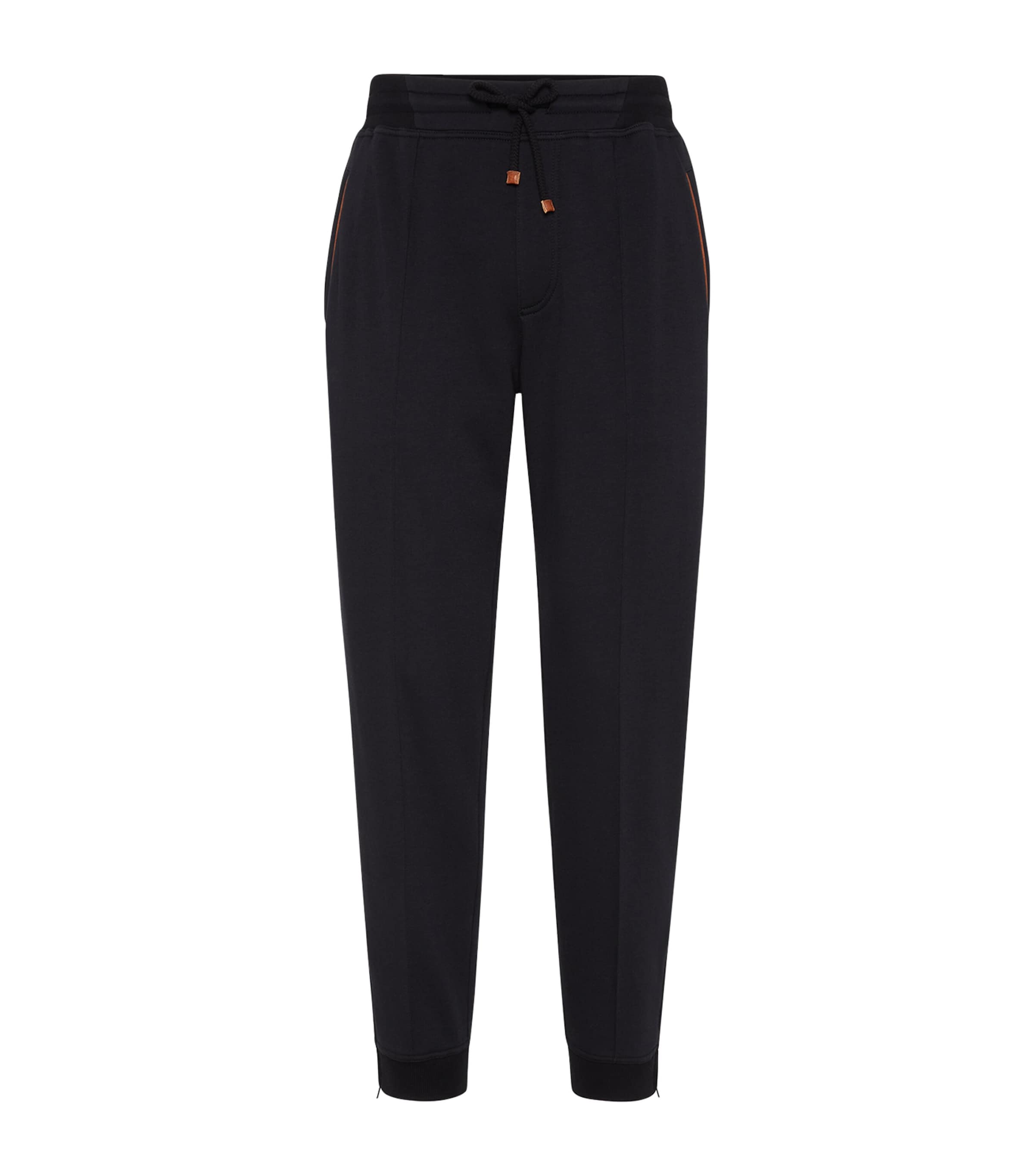 Brunello Cucinelli Techno Cotton Fleece Trousers With Zip On Stretch Bottom, Crete And Piping In Black