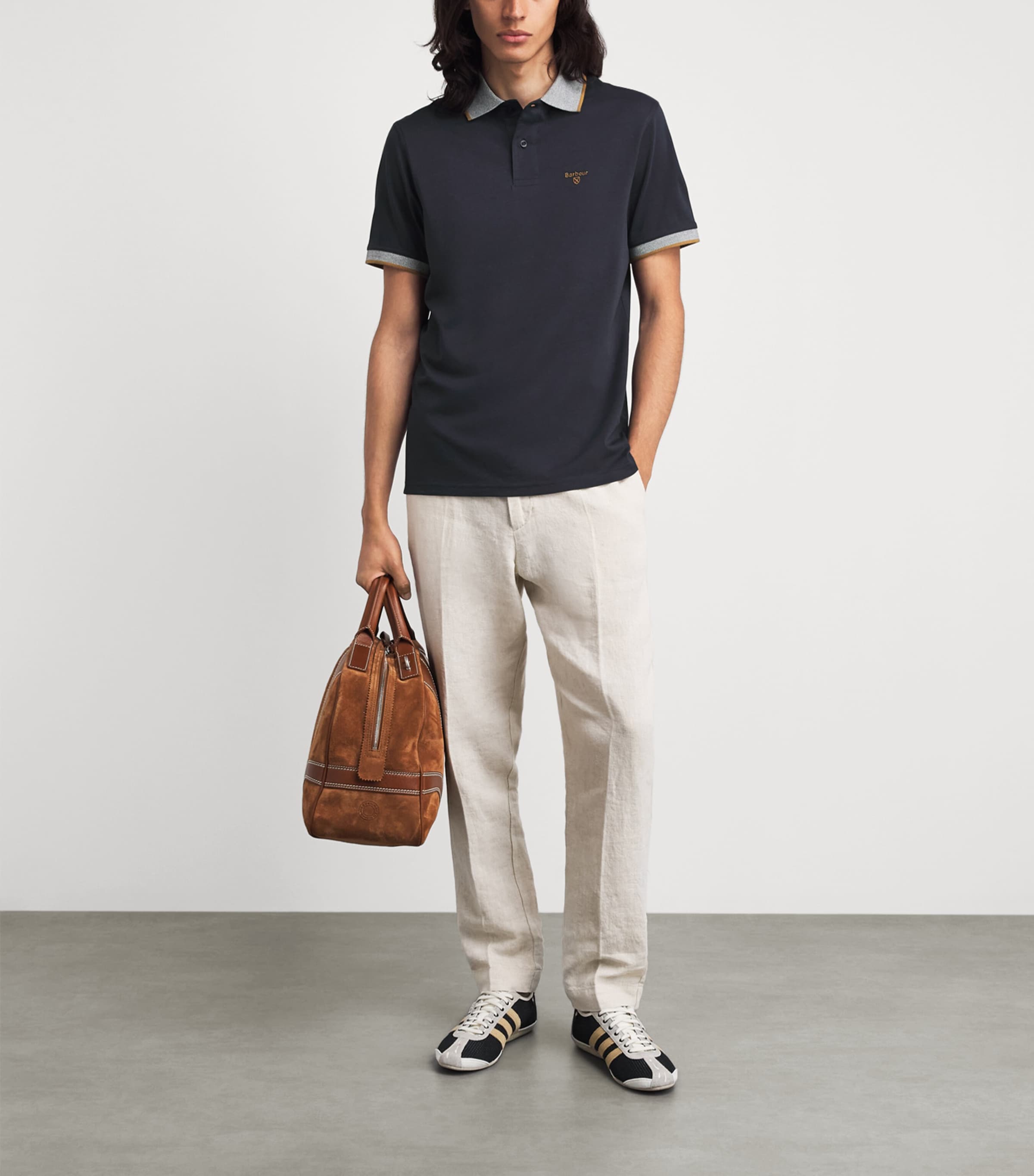 Barbour Mens Cotton Polo Shirt Navy/camel Image 2