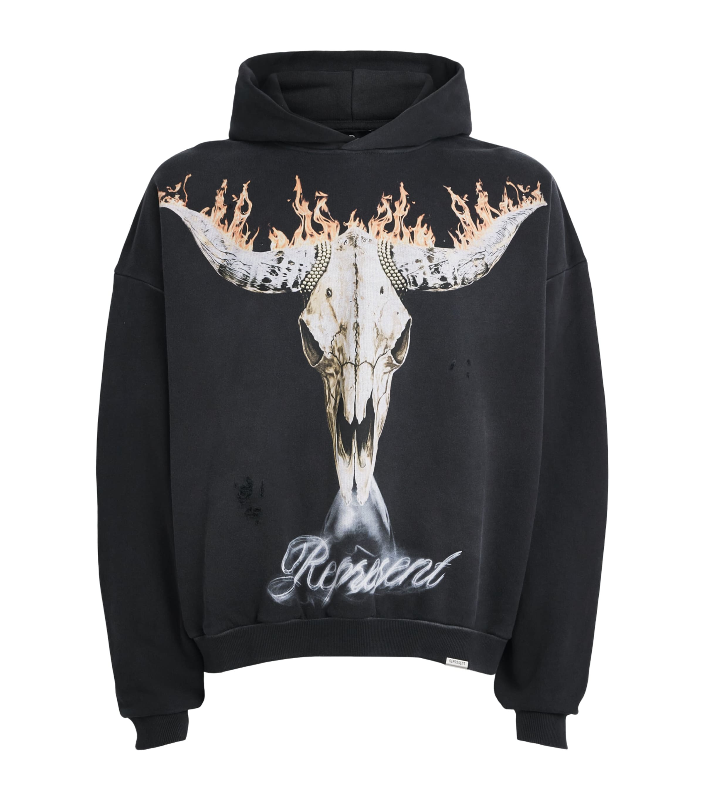 Represent Mens Cotton Flaming Stag Hoodie Stained Black Image 1