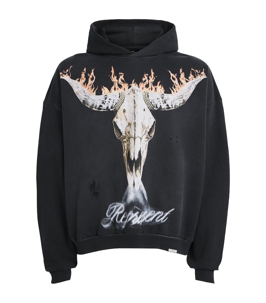 Represent Mens Cotton Flaming Stag Hoodie Stained Black Image 1