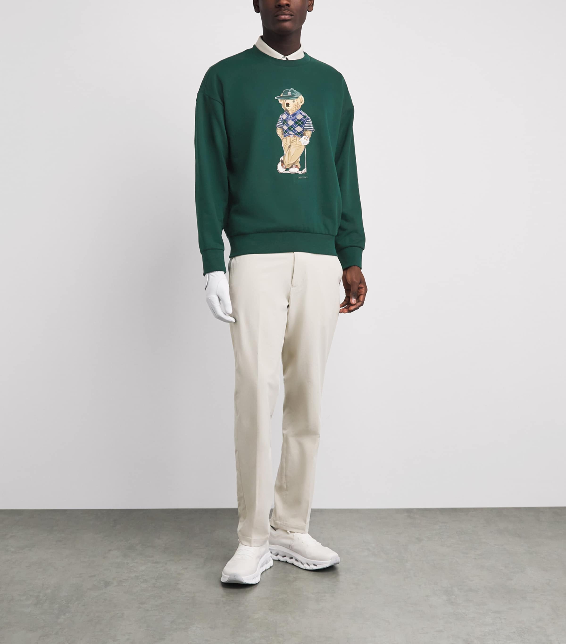 RLX Ralph Lauren Mens Cotton-Blend Relaxed Fit Polo Bear Sweatshirt Moss Agate Image 2
