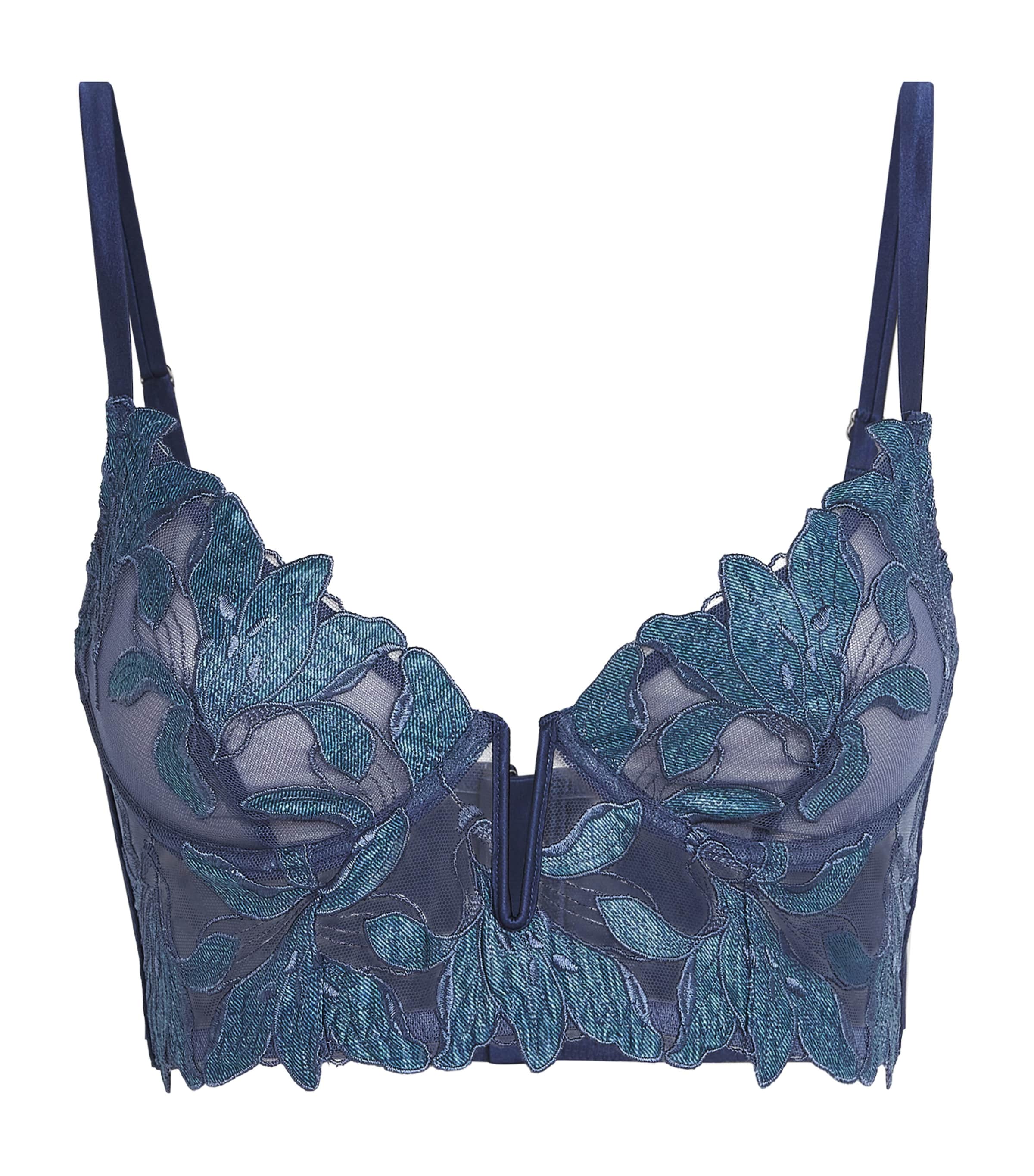 Fleur Du Mal Lily Embroidered Longline Demi Bra In Blue