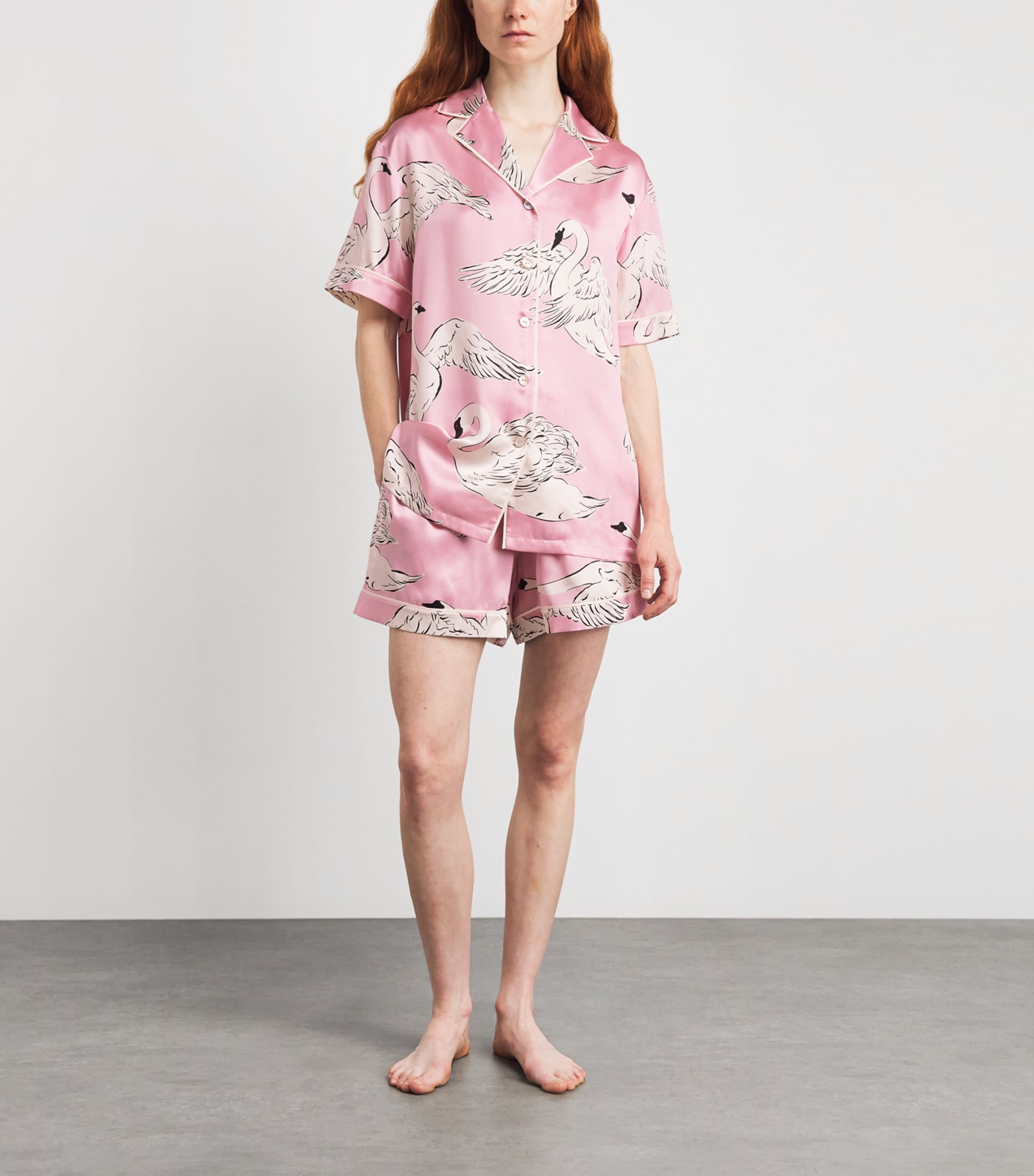 Olivia Von Halle Ingo Selene Pink Swan Pyjamas In Silk Satin
